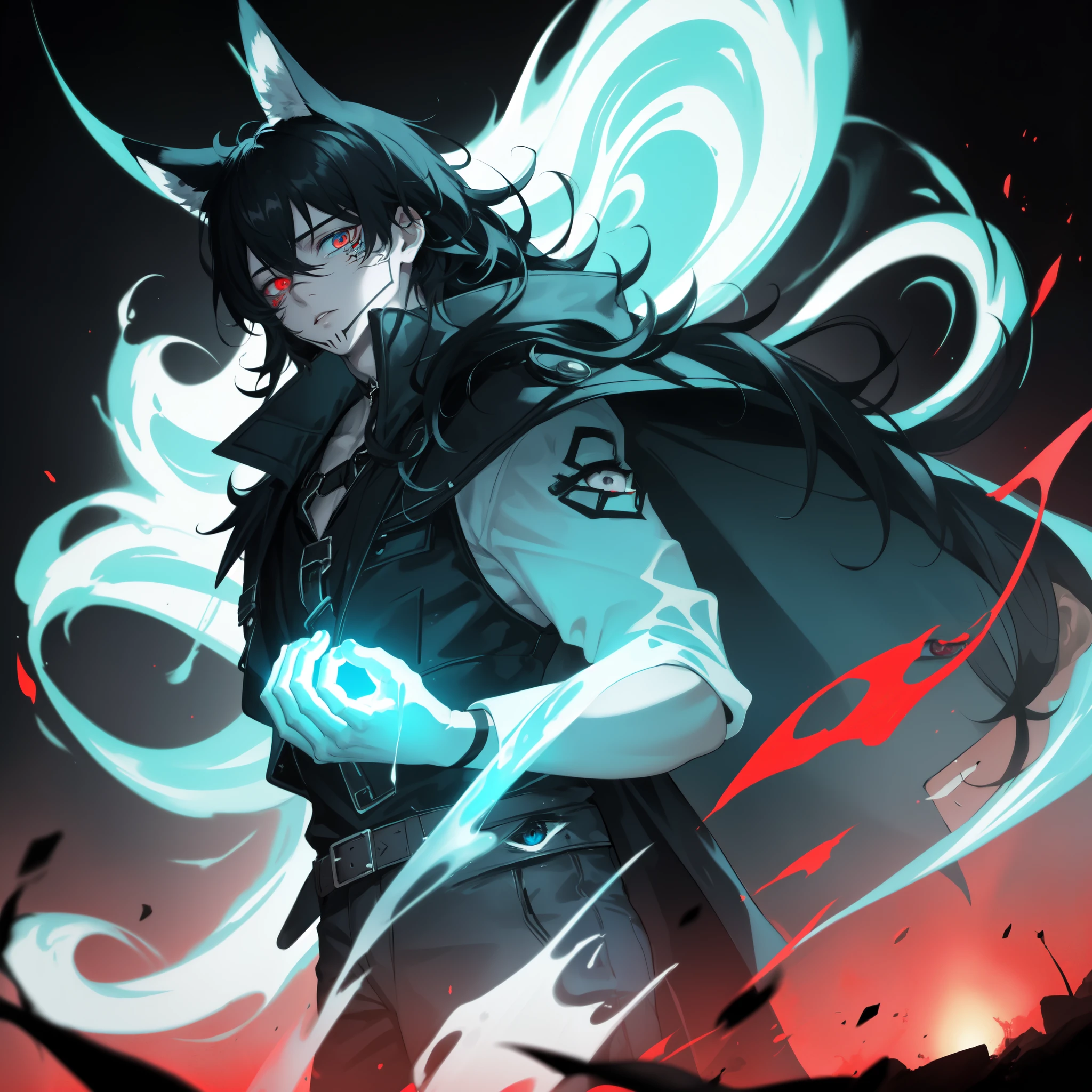 1boy, 8k, best quality, good quality, masterpiece, (stunning black long hair:1.2), heterochromia, (dark blue right eye:1.3), (red left eye: 1.3), (dark theme:1.3), (dark atmosphere:1.3), wild hair, glowing eyes,