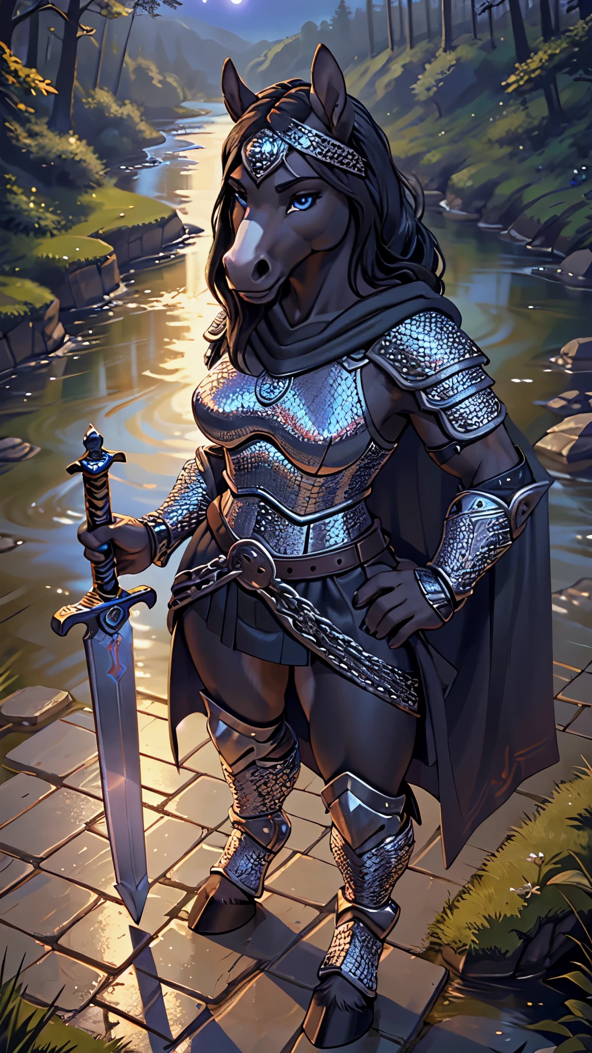 masterpiece, top quality, best quality, highly detailed, 8k, super high resolution, absurdres, perfect anatomy, dynamic_angle, (highly detailed beautiful face and eyes), solo focus, blue eyes, black hair, ((long hairstyle)), furry female anthro, (adult), (full body), (((furry dark horse body))), (((dark fur))), (horse snout, detailed dark body fur), muscular, medium breasts, toned legs, hourglass figure, hooves, ((chainmail armor)), breastplate, (cloak), diamond encrusted headband, (sword on hip), nighttime, forest, medieval bridge, river in background