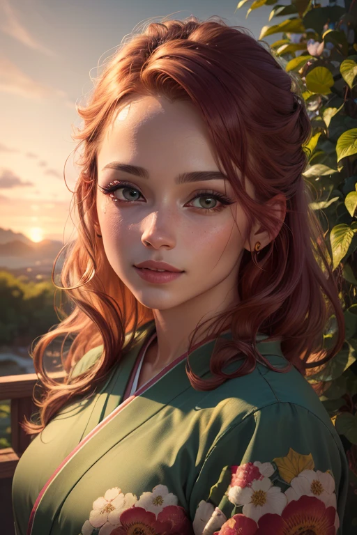 (best quality,4k,highres,masterpiece:1.2),ultra-detailed,(realistic,photorealistic,photo-realistic:1.37),beautiful detailed eyes,beautiful detailed lips,extremely detailed face,long eyelashes,medium:oil painting,(vivid colors:1.1),(portraits:1.1,landscape:1.1),golden sunset lighting,lush green garden,subtle expressions,flowing red hair,natural and delicate features, ethereal atmosphere,a hint of mischief,playful pose,whispering wind,delicate floral patterns on the woman's kimono,a serene and tranquil ambiance