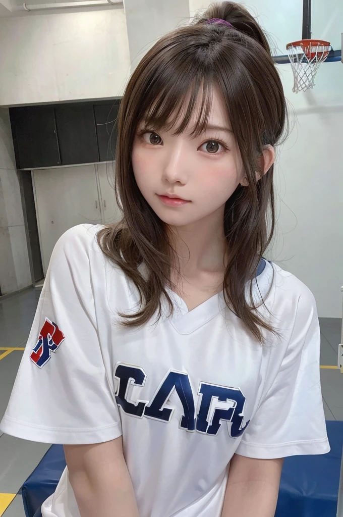 masterpiece, highest quality, Ultra-high resolution, High resolution photos,Ultra HD,8k, 非常にdetailedなCG:1.2),(RAW Photos,:1.3), (Photo Real:1.4), One girl , cute, (Detailed painted face:1.4, detailed clothes), (detailed:1.4) Beautiful Face,Ultra-realistic, perfection body, Skinny body, perfection , One girl, Play basketball, Wearing a basketball jersey, Basketball Court, Long Hair, ponytail,Dribbling a basketball