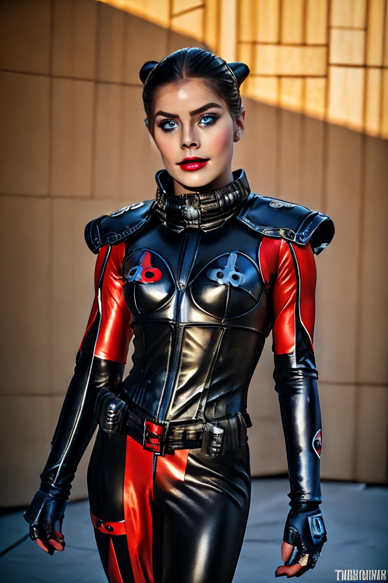 harley quinn TRON costume sexy clothes transparent. professionally retouched, soft lighting, realistic, smooth face, perfect eyes, sharp focus on eyes, 8 k, high definition, insanely detailed, intricate, elegant. in a natural background.female_service_cap brown_eyes _facial_mark white_gloves sombra
