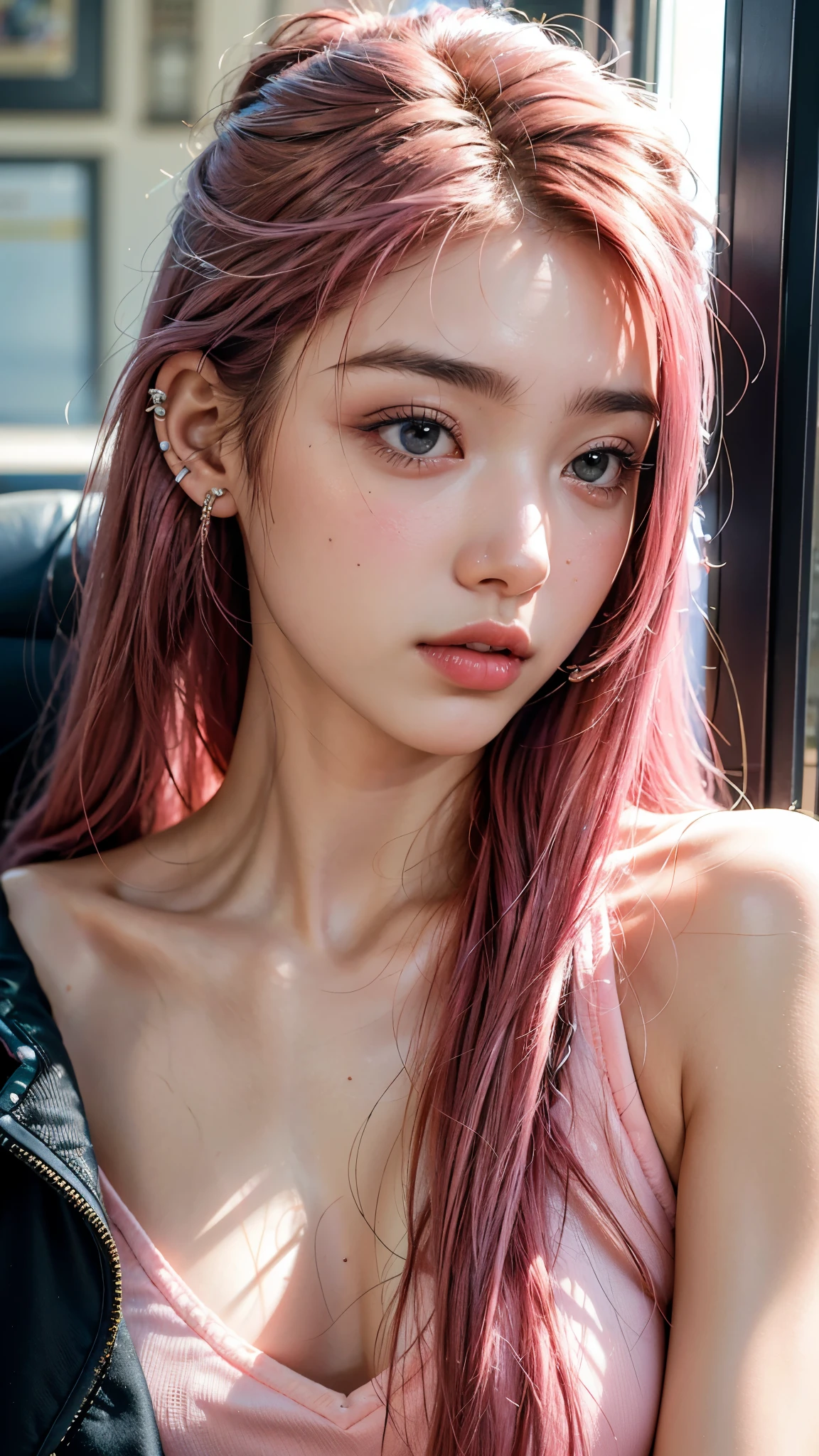 highest quality, masterpiece, Ultra-high resolution, (Realistic:1.4), (Close-up portrait) RAW Photos, 1 girl,20-year-old,((Inside the Shinkansen)),((look up)),((Posing with index finger on lips)),,((Passionate pink haired girl'compensate)),((High Fashion)),Messy Hair,((Cap Chestnut)),((Short bangs)),Realistic,Picture Media Chest)),((Smiling with teeth showing)),((Big smile))