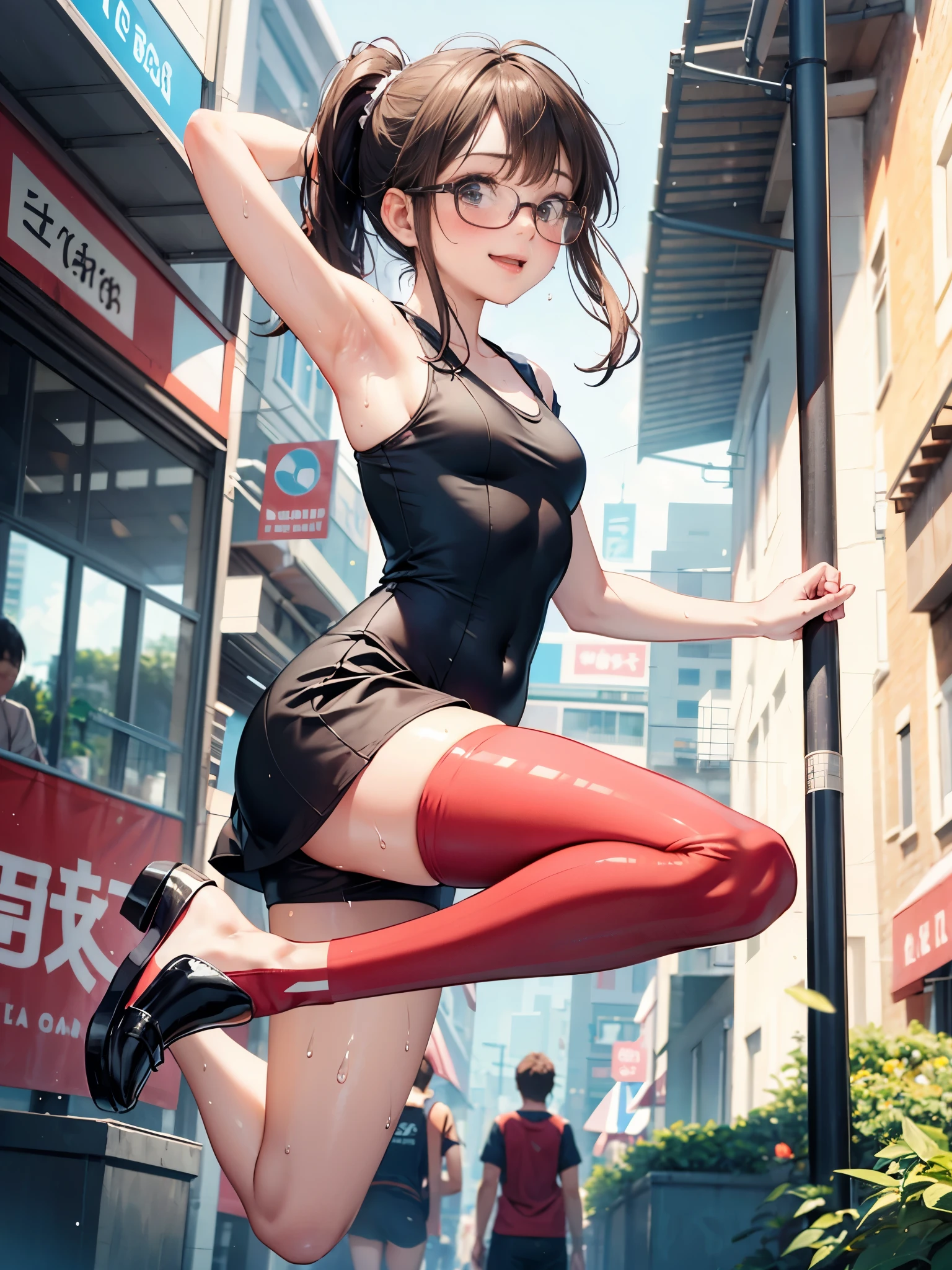 (super flat, flat shading), Honors Type, Really blushing, , cute girl, wearing short sleeves white one-piece dress:1.5, mini skirt fluttering in the wind, Loafer, ponytail brown hair, Glasses, sweaty healthy body, sweaty soaking wet full body, smile, bare legs, armpit, navel, ultra realistic, early morning, breeze, (jumping:1.2), spread legs, in crowded public street,