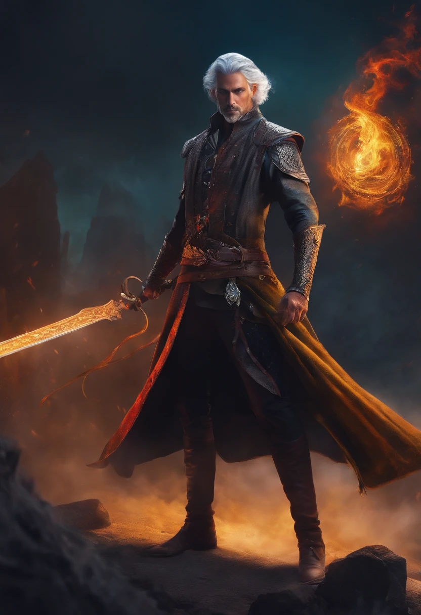 A man young up with grey hair, fantasy character, warlock, wielding unique weapons, colorful, full body