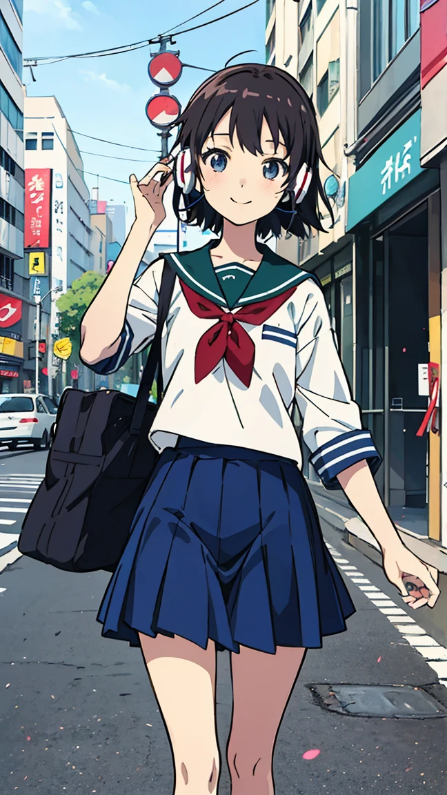 Anime Girls with headphones walking down the street in a , Smiling beautiful grown-up high school girl, uniform、Beautiful girl anime visuals, Kantai Collection Style,Manga illustration, Anime Girls, Illustrated , Hand-drawn anime illustrations, young Anime Girls, Shibuya Ward Building District、Blurred Background、City Pop、whole body、Cowboy Shot、Nostalgia、manga cover