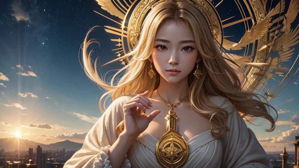 Gold tone、heaven、superior、skyline、sacred. St. Matthew Passion、Rococo、Mysteriouature adult female、perfection、Harmony、mercy、Warmth、Tranquility、Resolute、Highest bit、foreverの女神、forever、dignity、Solemn、Majestic、miracle、sacred、Sublime、Noble、glory、reputation、Dazzling Light、shine、Breath of Life、thank you、joy、Wanting、liberation、Salvation、forgiveness、popular、reform、Neat and bewitching、Lack of coolness、3-point live method、oil、highest quality、perfectionな角度、perfectionな構成、High resolution、Sharp focus、Extremely high detail，3D Portrait of a Goddess