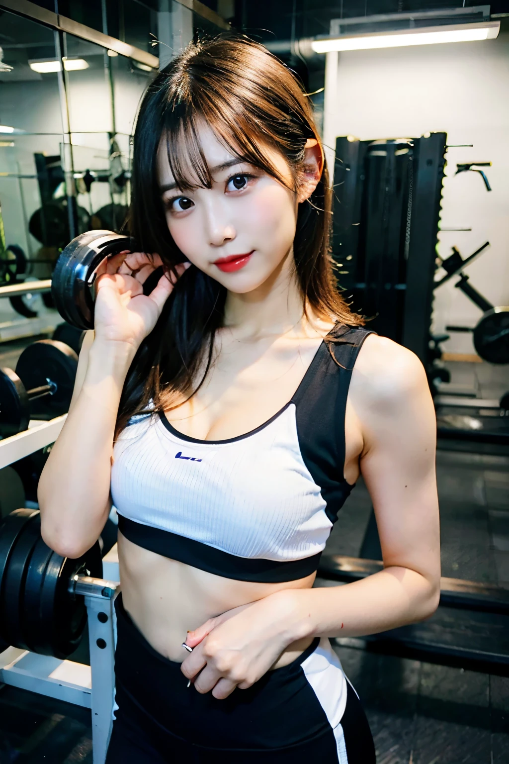 highest quality, Ultra-high resolution, (Realistic: 1.4), 1 girl, (Black Hair: 1), (Small breasts: 1.6), Gym Wear, exercise