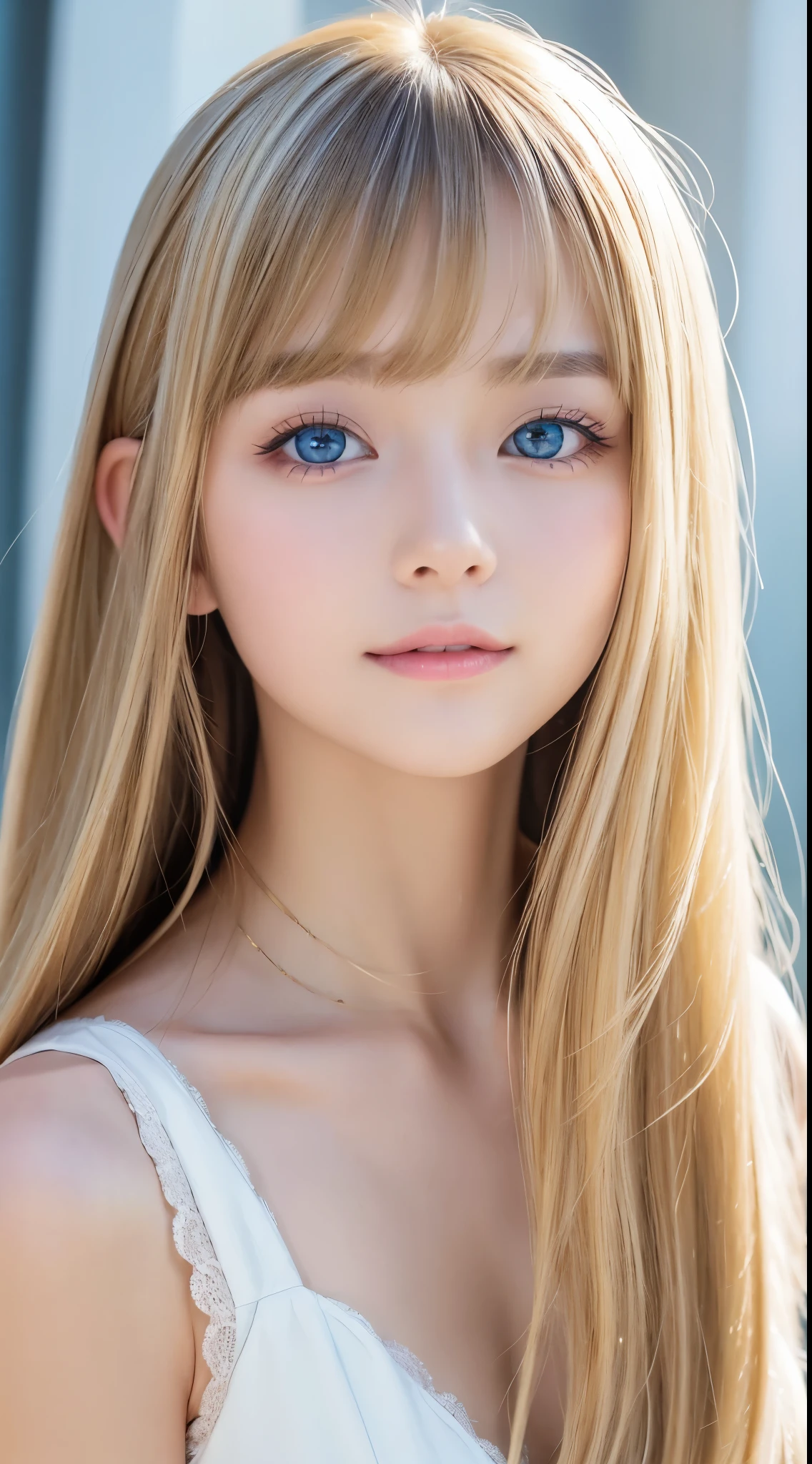 Clear, glowing skin、The most beautiful girl in the world、11 years old cute sexy little beautiful face、Straight long hair that shines in the light、ultimate cute beauty、Long silky bangs that cover beautiful blue eyes、Very big eyes、Sexy face hiding blonde、Super long blonde hair、Sexy and cute young woman、Super long natural young blonde with sparkling light highlights、White and glowing skin、Gloss Face、Cheek gloss、Small Face Beauty、Wedding dress、