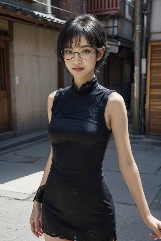 (Girls wearing sleeveless floral pattern onepiece dress:1.2), BREAK masterpiece,8K,32K,top-quality,(A detailed eye),(A cute Japanese woman),23years old,(2 girls in:1.4),elegent,(Detailed background depiction),Japan alley,standing,Sunlight,during daytime,(smile:1.2),(cowboy shot),(braless:1.4),(slender body:1.5), BREAK (Black very short wavy pixie hair over one eye:1.3),cleavage,Glasses,