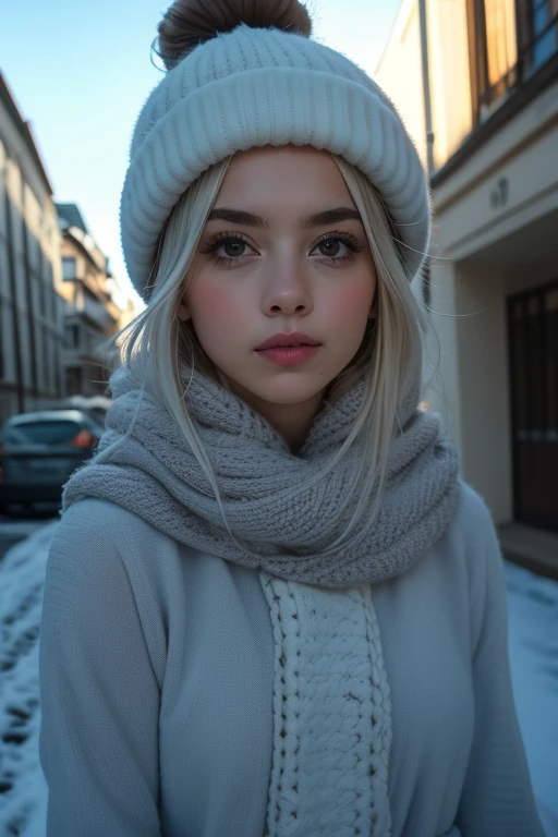 fotografia profissional de uma linda garota norueguesa, de olhos azuis em roupas de inverno com cabelos loiros longos e ondulados, olhar sensual e sedutor, sardas, beautiful symmetrical face, linda maquiagem natural, vestindo roupas elegantes e quentes de inverno, parado do lado de fora na rua nevada da cidade