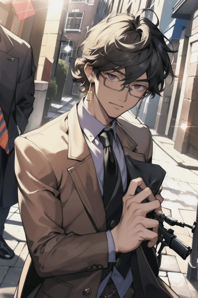 masterpiece,best quality,(1man:1.3), 25 years old,short hair,colored tips,curly hair,colored glasses,earings,gun,tie,topless,corset,mafia style,handcuffs,wrap coat,street,from above,(dutch angle, fisheye),lens flare,depth of field 