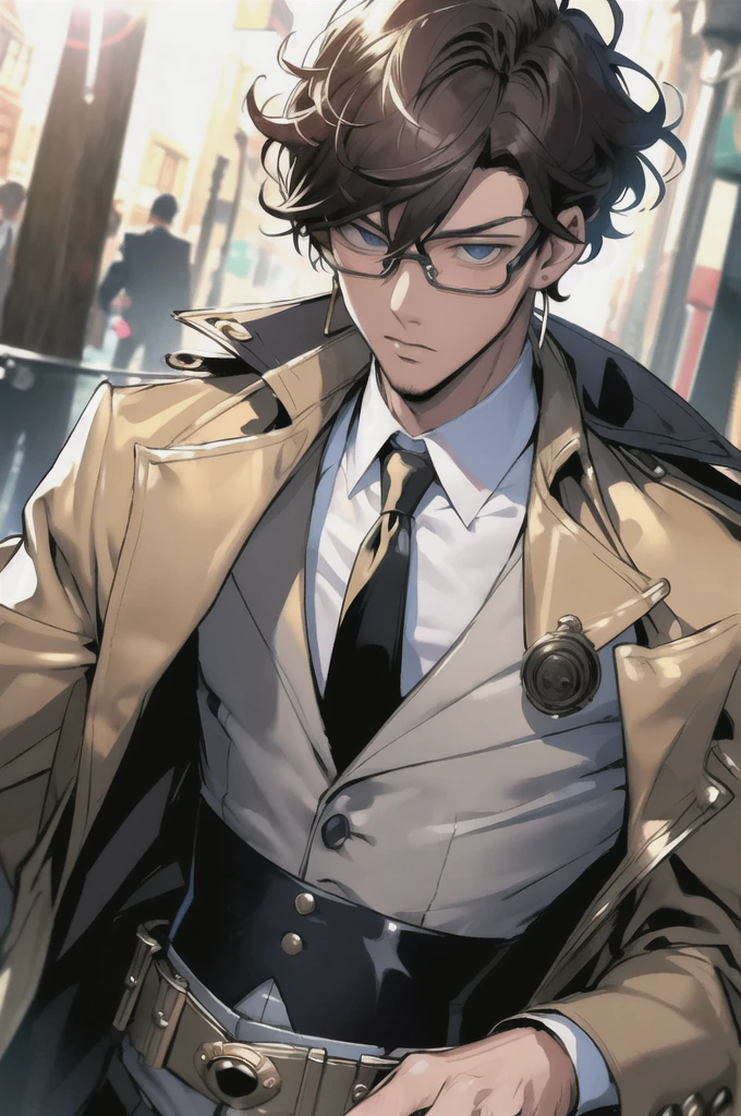 masterpiece,best quality,(1man:1.3), 25 years old,short hair,colored tips,curly hair,colored glasses,earings,gun,tie,topless,corset,mafia style,handcuffs,wrap coat,street,from above,(dutch angle, fisheye),lens flare,depth of field 