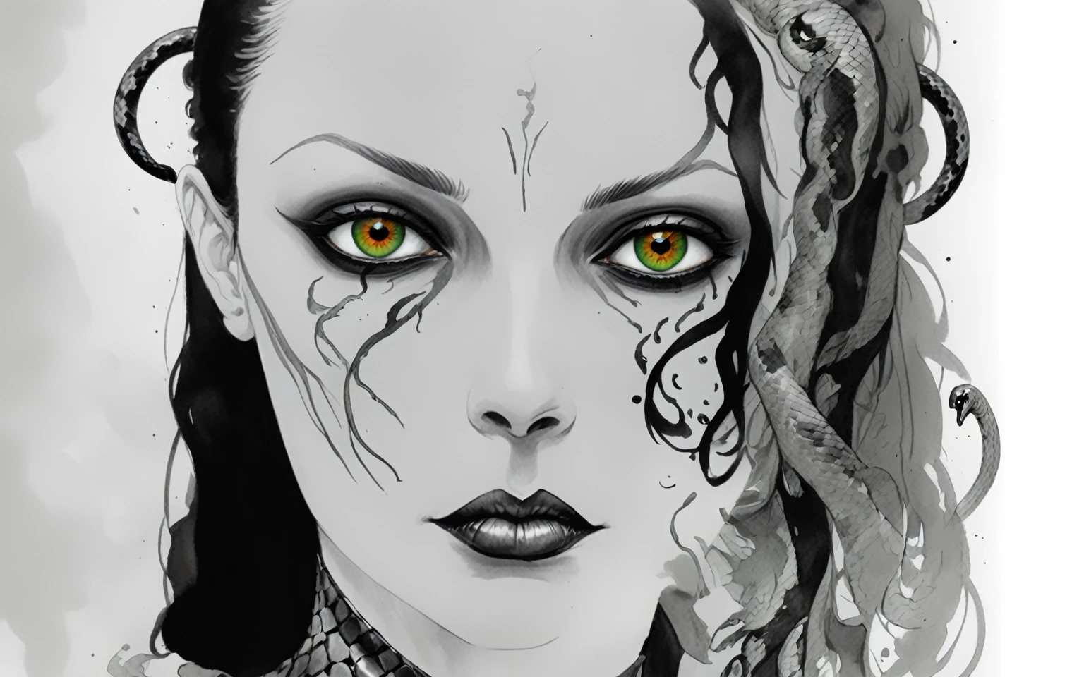 Medusa, splash page decompressed comic cover art, ink style figure,((expressive Joelle Jones and "Sean Gordon Murphy" comic drawing)), wordless, cinematic poster, double exposure, optical illusion, image within image, abyss void black no visibility darkness, full length portrait, (background, pine barrens, entropy, rewilding, magic hour sunset, galaxy stars, cosmos), (horror, abstract, surreal, body, cosmic), candid, snake skin dress, morphology anatomy drawn Frederic Delavier musculature anatomical illustration, (face, ornate black metal corpse paint, resembles Grace Jones), (body, Naga, snakefolk, lower body snake tail, snake woman hybrid, bald, hairless, skeleton, snake skin tattoos, piercing eyes, snake pupils, over the shoulder), (colors, bleak muted deep fiery radiant glowing ROYGBIV, forest green, earth brown), craftsmanship nuance, (Gerardo Zaffino charcoal), subliminal orchids, nyctophobia, silhouette
