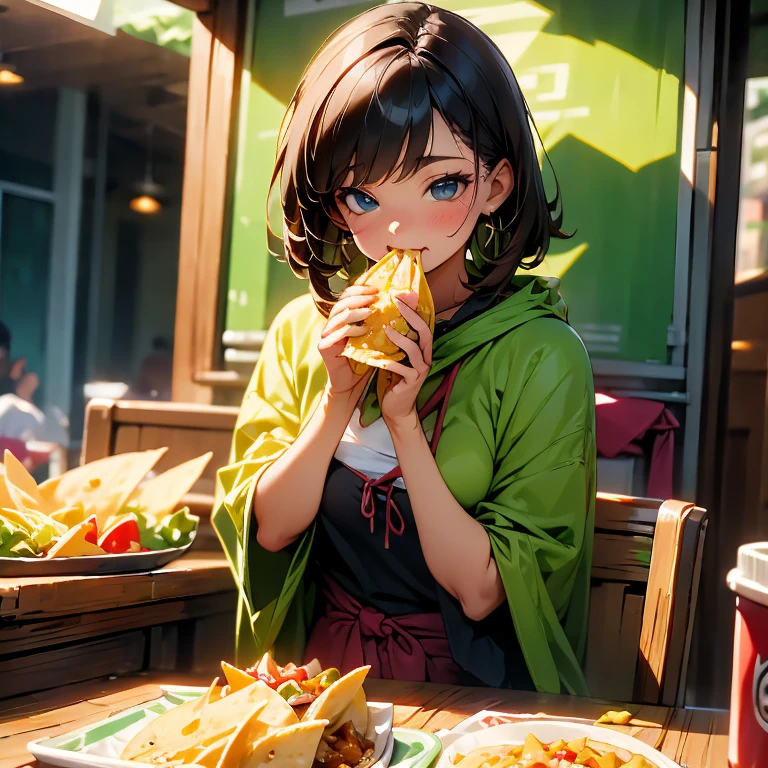 Woman wearing a poncho eating tacos, tortillas and nachos at a Mexican food stall highest quality