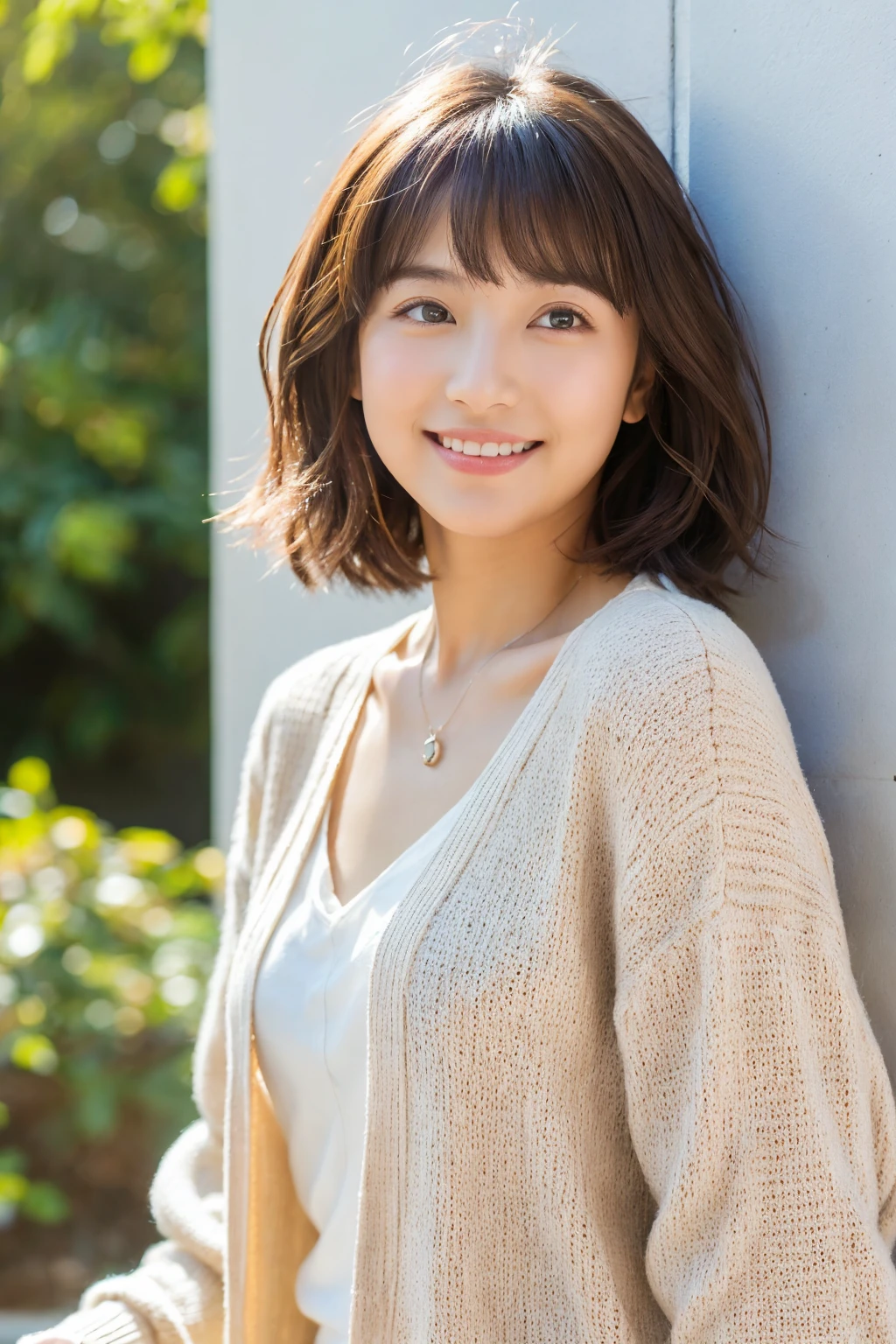 ((highest quality, 8K, masterpiece :1.3)), 1 girl, (short hair,Taken in front of a white wall :1.2)、Shot in natural light、pastel cardigan :1.1, Angle from above、super detailed face, fine eyes,(Highly realistic photos, High resolution, detailed face, fine eyes)、japanese woman, 35 years old, Variety of facial expressions, alone:1, different hairstyles, casual clothes, Only one person appears in the photo、long sleeve dress、Shot in natural light、simple necklace、Spring clothes、Don't look at the camera、profile、Dark brown hair color, skin texture,real human skin, lovely smile