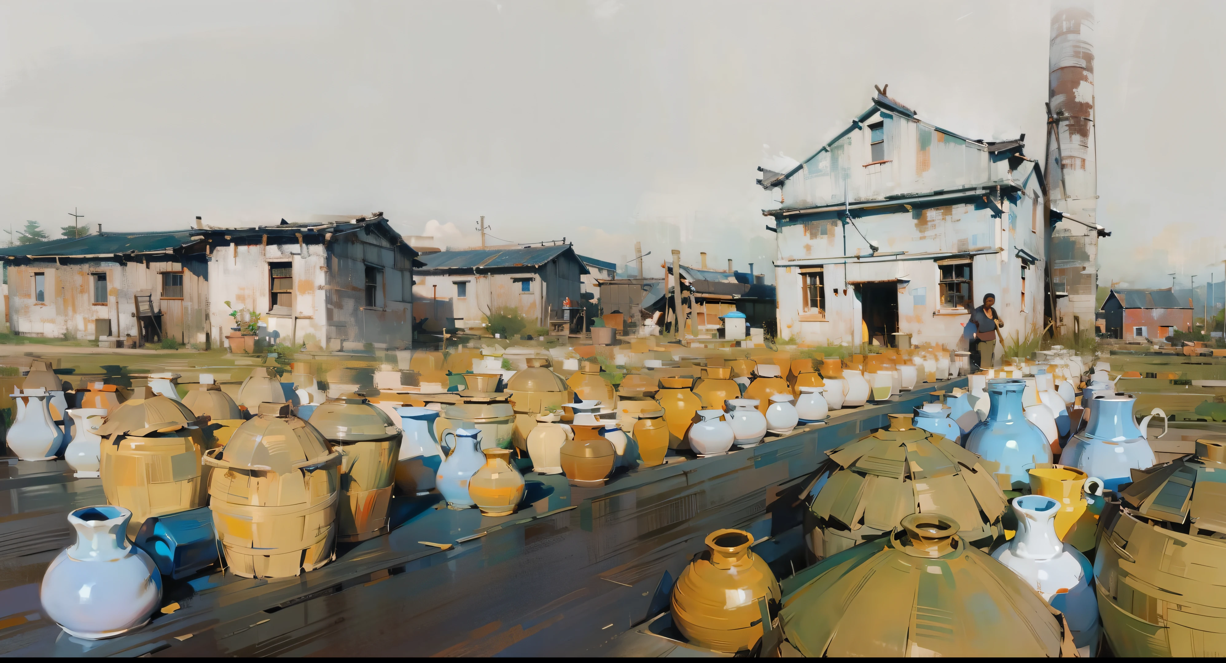 There are many vases in front of the building,  Production volume rendering, Rows of old houses in the background of the log pile factory, There are many bamboo baskets on the ground，rattan basket on the ground，Impressionism，oil paint strokes，Sunlight，passers-by，