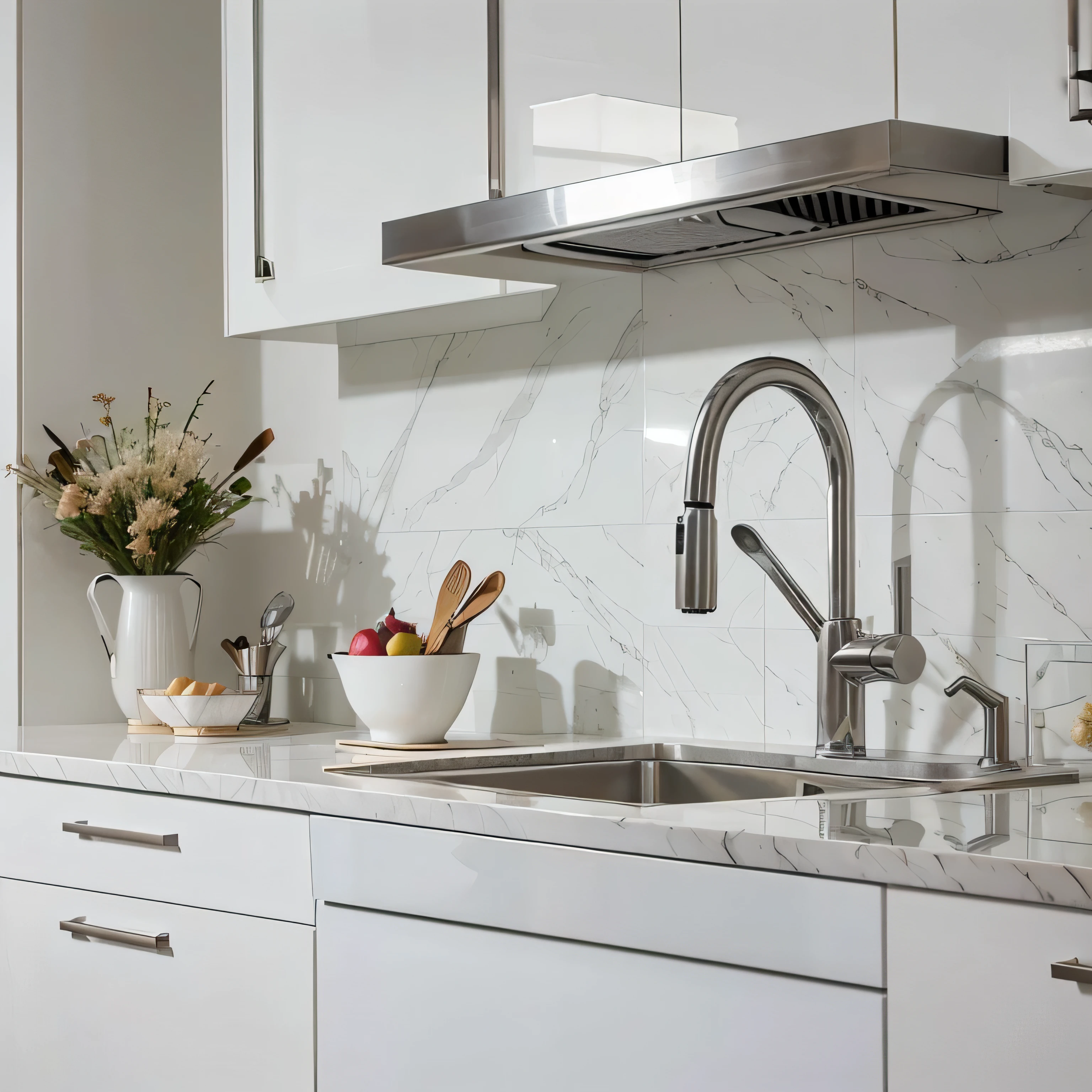 Imagine a detailed scene of a modern kitchen faucet in a stylish contemporary setting. The faucet is made of shiny stainless steel., with clean lines and a minimalist design. It is mounted on a white marble sink, highlighting its sophistication. La luz natural ilumina suavemente el grifo, highlighting its metallic details. A su alrededor, designer kitchen utensils are seen, like a steel coffee pot and fresh fruits in a ceramic bowl. The image conveys a sense of modernity and functionality in an elegant home space
