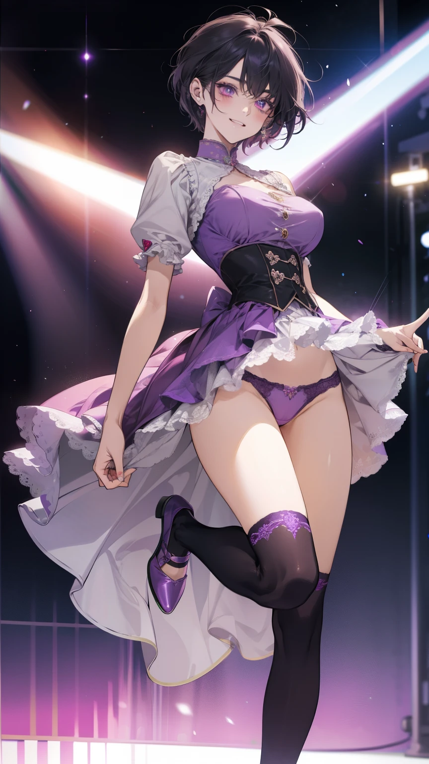 highest quality、Female 1,22 years old,All limbs、Perfect limbs、Accurate anatomy、Detailed depiction,Super beautiful woman,Slender beauty、short hair、Black Hair、Purple Eyes,Pink Cheeks,Beautiful Skin,White and purple idol costume、Dark purple panties、Knee-high socks、Beautiful big breasts、Exposed thighs,Live Stage、sing、Dancing、(Provocative smile),The pink spotlight shines on her.