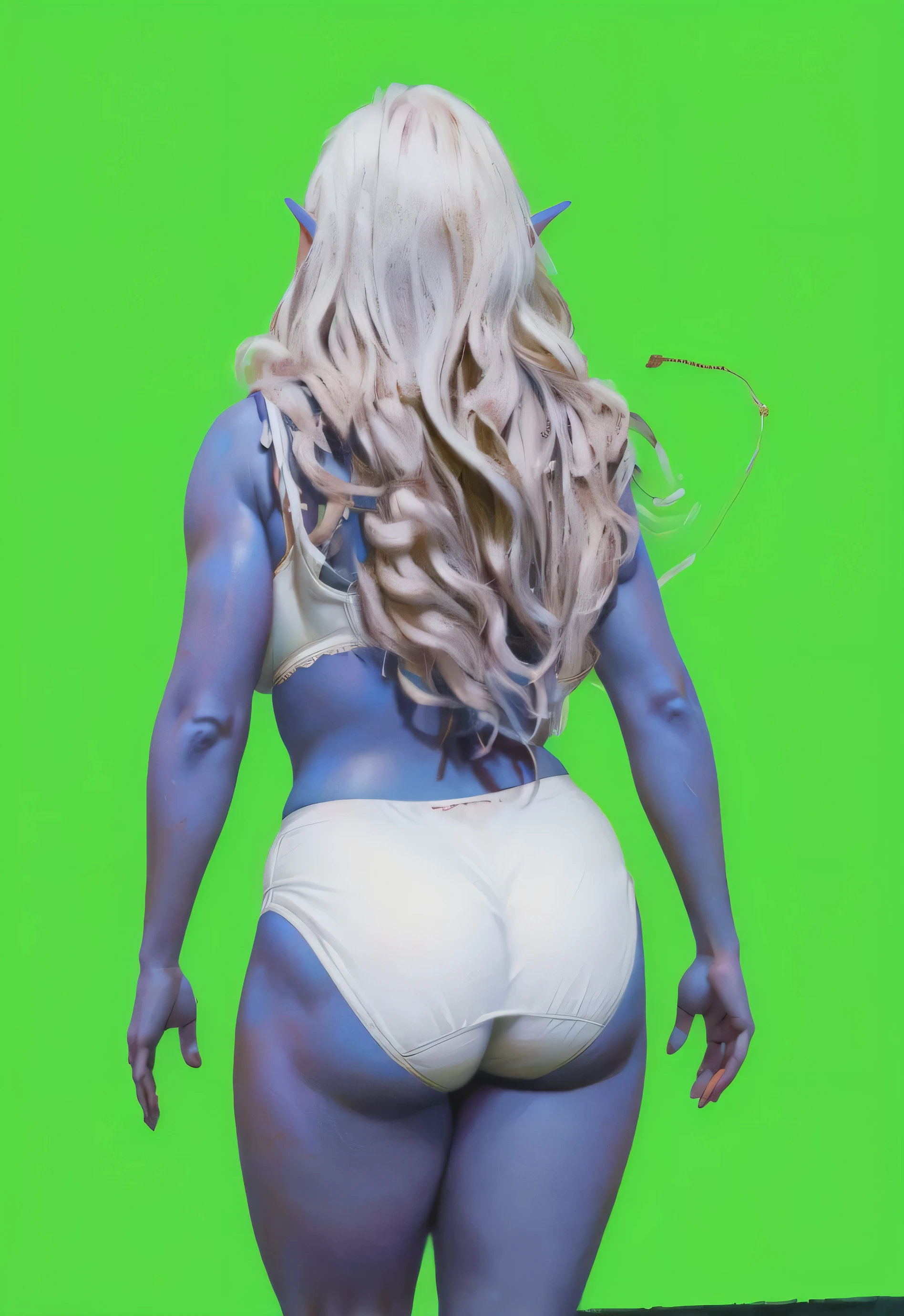 ((masterpiece, best quality)), ((((perfect anatomy)))), ((35 year old)), (((Curvy))), ((Dark Elven woman with long white hair)), in ((white cotton panties)), ((white bra)), (((Large buttocks))), standing in front of a green screen, ((((realistic art style, 50's pinup art))))