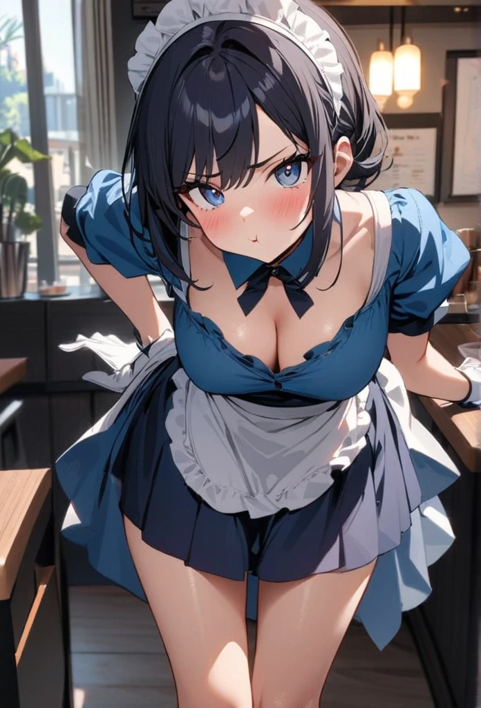 Main piece、high quality、High resolution、1 girl,single, Ruka Sarashina、jewelry、skirt、Maid uniform that exposes the breasts、Japan maid café、black hairの女性、short hair、black hair、black pantyhose, blue eyes, long sleeve, blue hair band, bangs, big full breast, cleavage, Medium waist, medium hips, wide thighs, Cowboy photos, smile, fascinating, embarrassing, blush、lots of people, looking at the viewer,From above、high angle,very big breasts、cleavage、no bra、no panties、no panties、非常に短いskirt、nipple、nippleを出す、nippleからミルクが吹き出す、nippleからミルクが滴る、whole body、whole photo、put one&#39;s chest on a tray