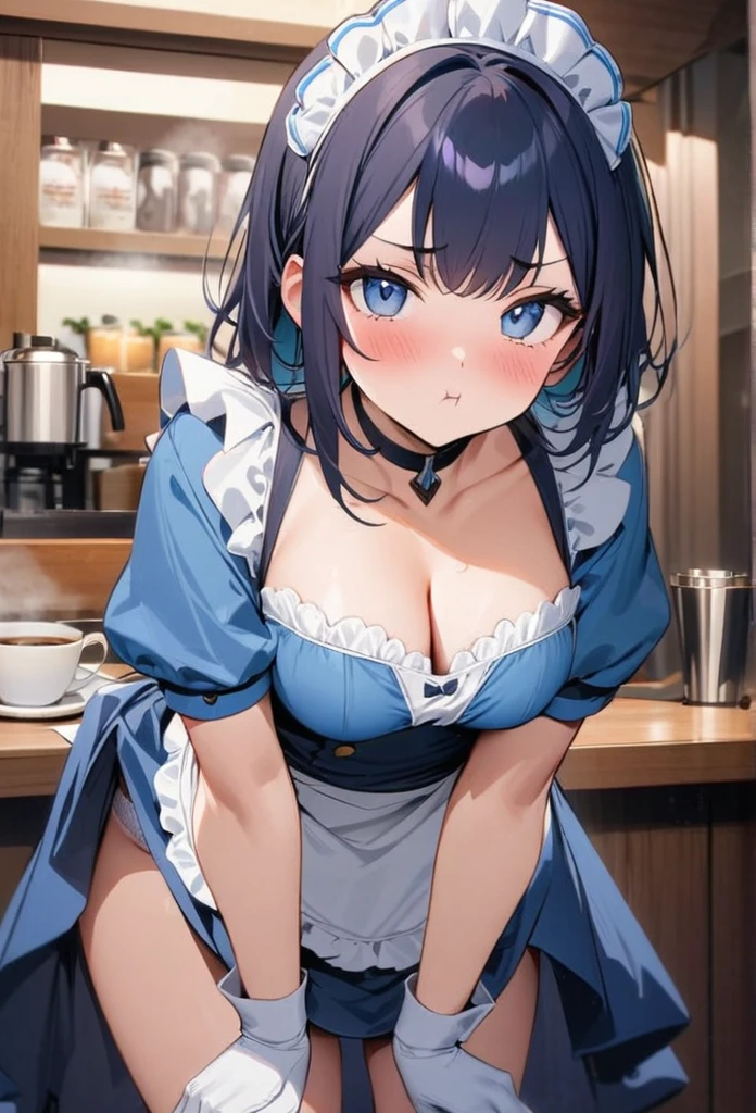 masterpiece, best quality, highres, maid, maid headdress, waist apron, (blue shirt, blue skirt:1.2), short sleeves, white gloves, looking at viewer, pout, blush, cafe, (cleavage), (showing panties:1.3),(lean forward:1.3), (ass up), indoors