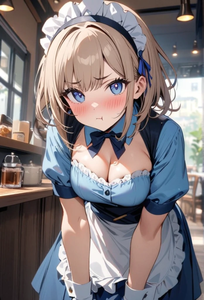 masterpiece, best quality, highres, maid, maid headdress, waist apron, (blue shirt, blue skirt:1.2), short sleeves, white gloves, looking at viewer, pout, blush, cafe, (cleavage), (showing panties:1.3),(lean forward:1.3), (ass up), indoors