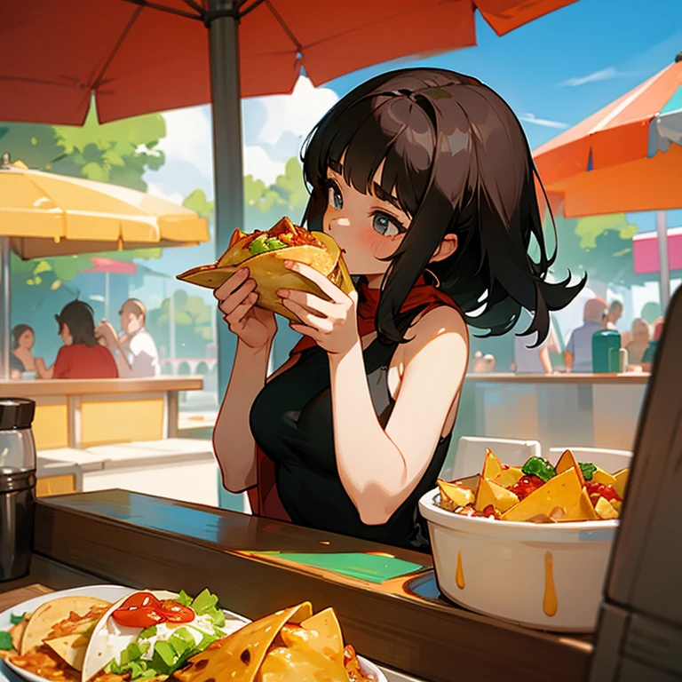 Woman wearing a poncho, tight tank top and tight hot pants eating tacos, tortillas and nachos at a Mexican food stall highest quality