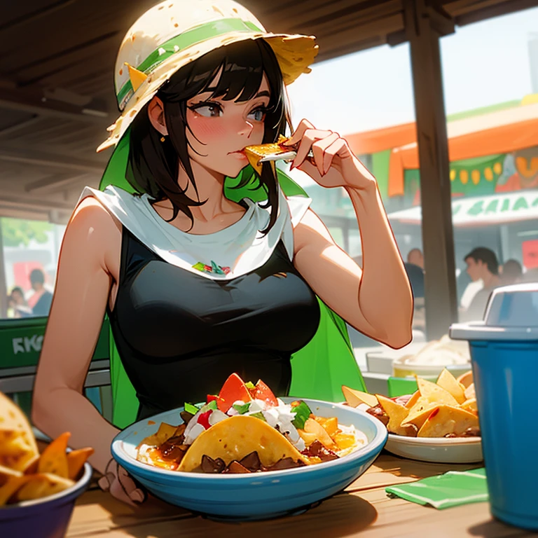 Woman wearing a poncho, tight tank top and tight hot pants eating tacos, tortillas and nachos at a Mexican food stall highest quality