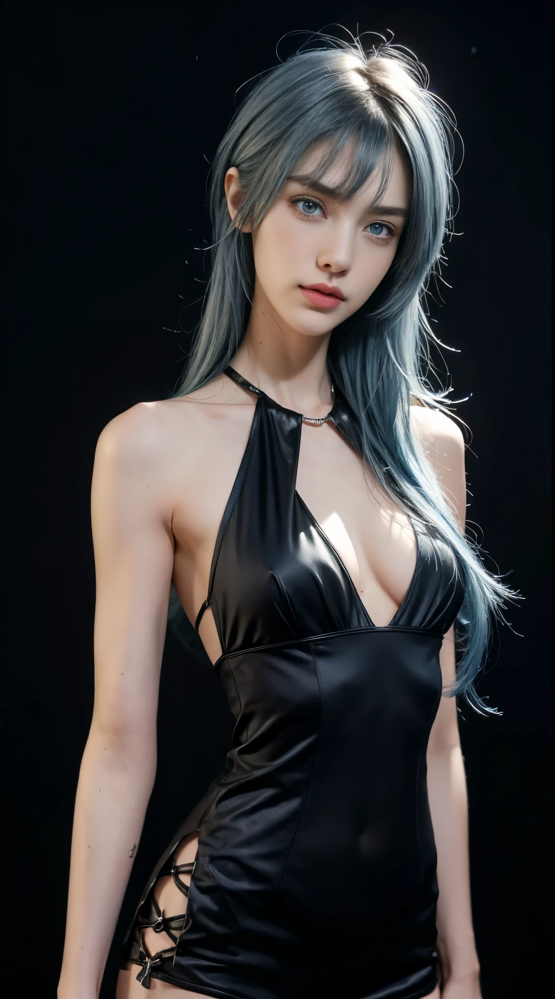 8K, Top Quality, Intricate Details, Ultra Detail, Ultra High Resolution, Masterpiece, close up shot, (full body: 1.1), Slender, Smile, (Makeup: 0.4), (Fluffy Blue Eyes: 1.21), (()), 1girl, solo, 1 girl, ((blue hair, bangs)), close up shot, , ((tall)), (((fit body))), (((slim face))), sharp face, (()) ,(detailed face), sharp face, small lips, , , ,
((, )), , ((,casual outfits)), detailed face, , Narrow Waist, Skinny, tall , 175 cm tall, Muscular, Navel, Exposed Abdomen, Pointed Chest,, Beautiful girl with accentuated slender abs: 1.4, Six Pack Abs: 1.4, Bust Botox, Big, Perfect Body, detail leg, (( dark background)), black background,