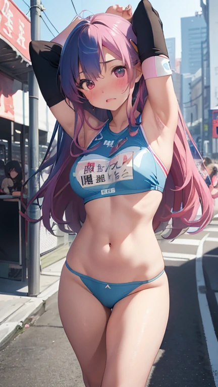 masterpiece、highest quality、Very detailed、Photograph the upper body、1 female、(Put your arms behind your back:1.2)、Are standing、Turn your body forward、View your viewers、(Race Queen:1.3、Grid girl in blue)、blush、shy、(trembling:1.2)、Pink Hair、Open your mouth、circuit、F1、