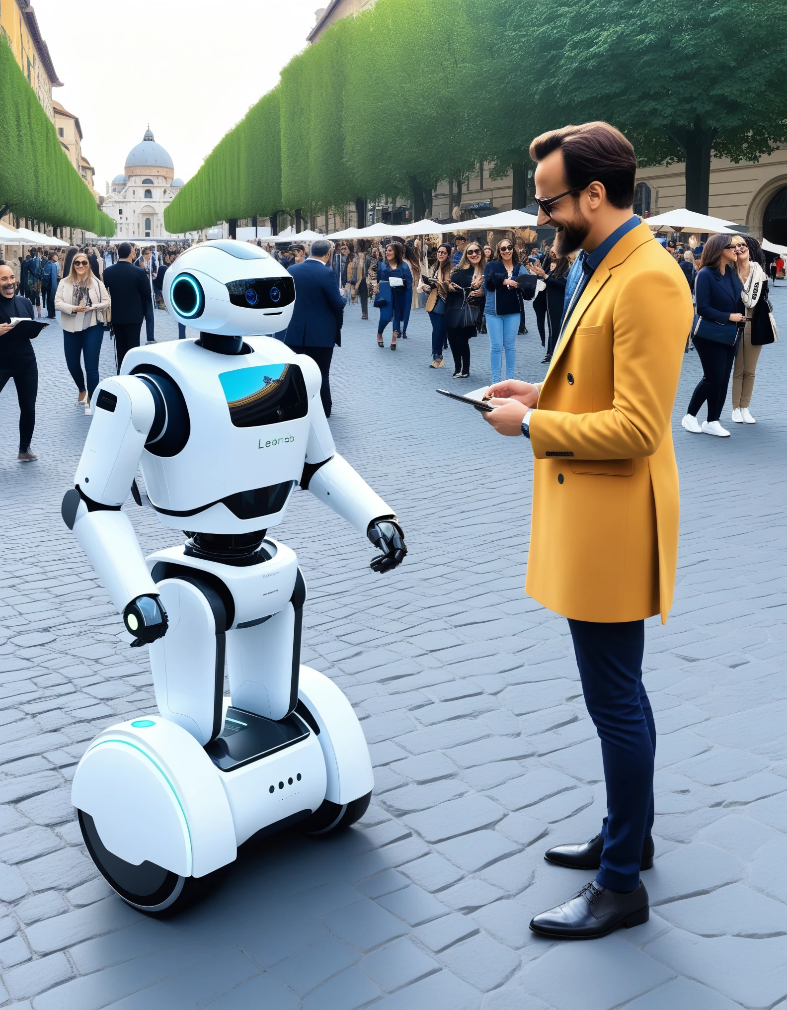 Inject a dose of humor into the scene by visualizing Leonardo AI in a playful and whimsical manner. Picture friendly AI robots assisting people in amusing ways, perhaps engaging in lighthearted interactions with the citizens. This prompt aims to balance the futuristic setting with a touch of comedy.