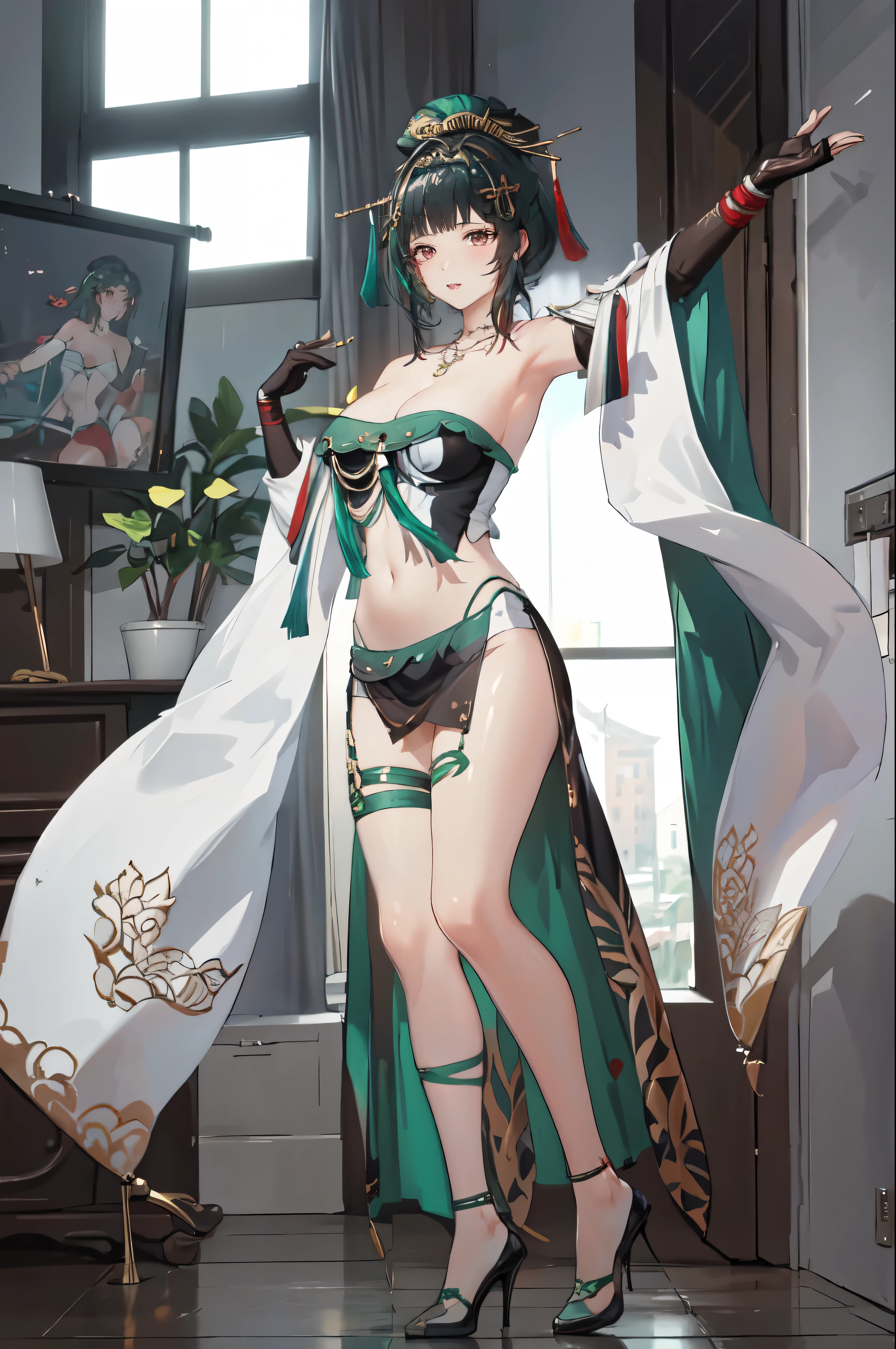 masterpiece, best quality BREAK solo, china dress, highres, 1girl, standing, (large breasts), mature female, hanying, Full body drawing, (masterpiece), (best quality), (hyperdetail), (illustration), ((extremely delicate and beautiful)), (detailed light), (prefect's body), full body drawing, dancer, Hanying, HanYing, sexy, sexy belly, sexy belly line, sexy belly button