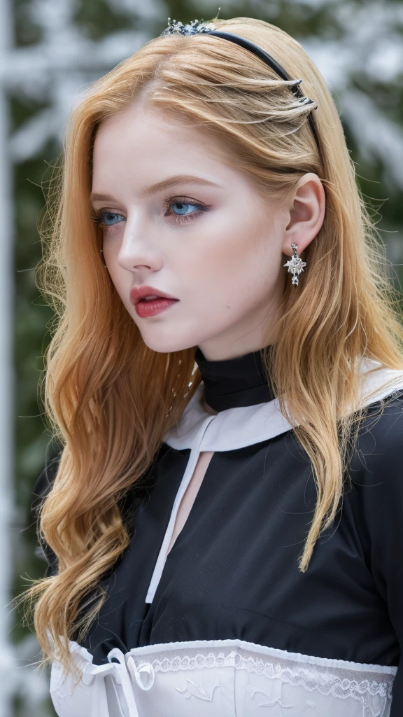 1 miniature Beautiful beautiful woman - Yuan Sayuki, ((top quality, 8K, Masterpiece:1.retty woman, 1 woman, huge breasts:1.3, a slim body:1.1, lush GINGER long hair with 2 ponytailed buns, (shower, wet body, wet clothes:1.1), very detailed face, detailed lips, detailed eyes, double eyelids, Detailed blue eyes, чрезвычайно Detailed Outstanding Blue Eyes, long GINGER wet hair, GINGER wet hair, Detailed Outstanding Blue Eyes, innocent look at the viewer, very wet wavy white hair, Detailed Outstanding Blue Eyes, huge cross earrings, Outdoors, badges behind, gothic maid uniform, sexy maid dress, bare chest, huge chest tattoo, detailed huge catholic cross earrings, chest tattoo, Outside, wear a silver cross (Detailed cross shape), reality mode, wet breasts, black necklace, human crowd behind, black latex gloves, hair of white snowy colour, night time, red neon lights, demonic nun, nimbus (golden lighting ring above her head), angel, snowy weather, sexy pose, white lingerie, black maid dress, detailed flower wreath made of different colours, open chest