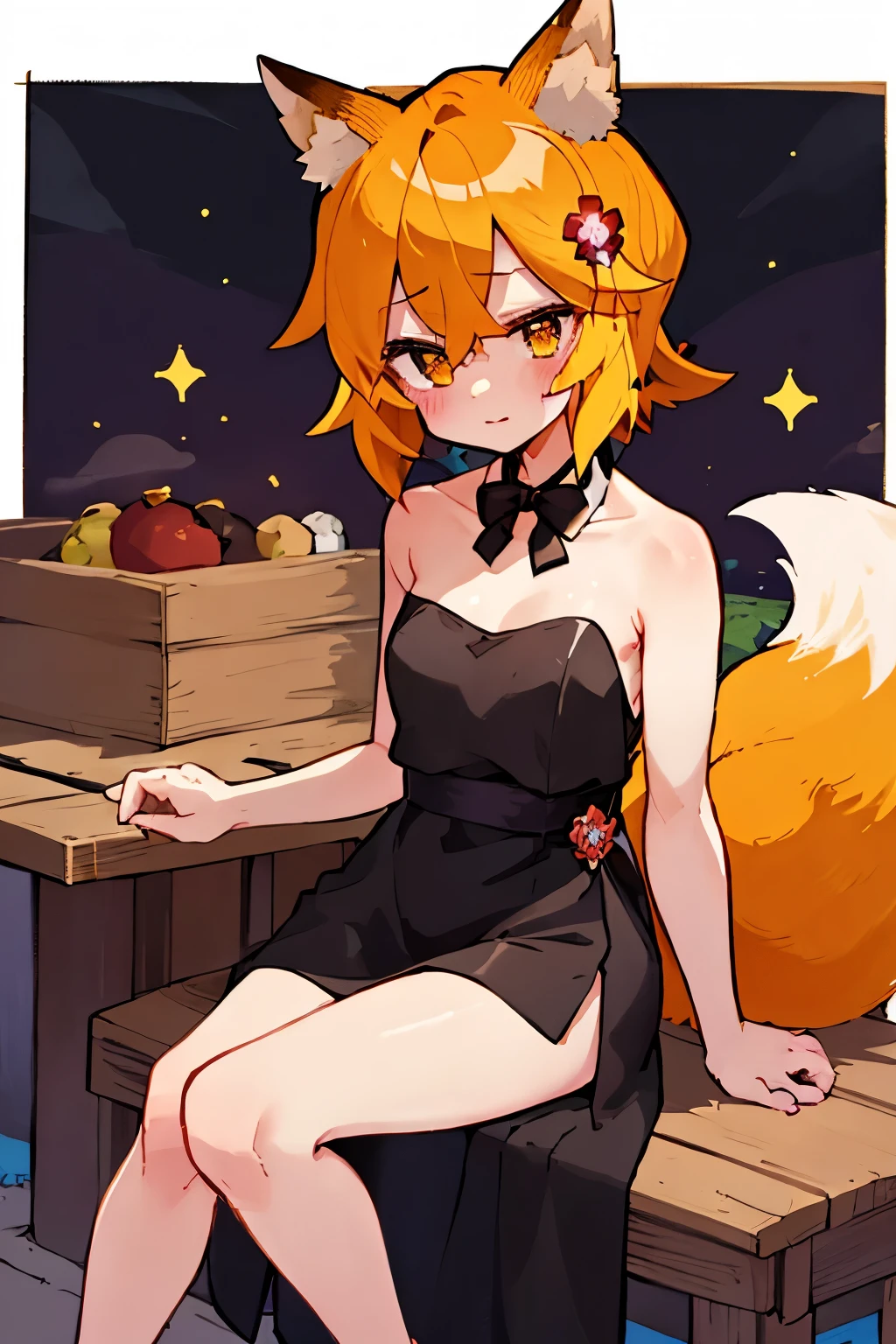 masterpiece, best quality, highly detailed, sen, animal ears, fox ears, fox girl, fox tail, hair flower, hair ornament, orange eyes, orange hair, short hair, tail, blush, looking at viewer, , girl, small breasts, detailed hands, keqing (opulent splendor) (genshin impact), official alternate costume, dress, night, strapless dress, looking at viewer, cleavage, black dress, strapless, bare shoulders, bangs, bow, detached collar, ribbon, double bun, two-tone dress, hair ornament, black bow, hair ribbon, blue dress, bowtie, sitting on bench