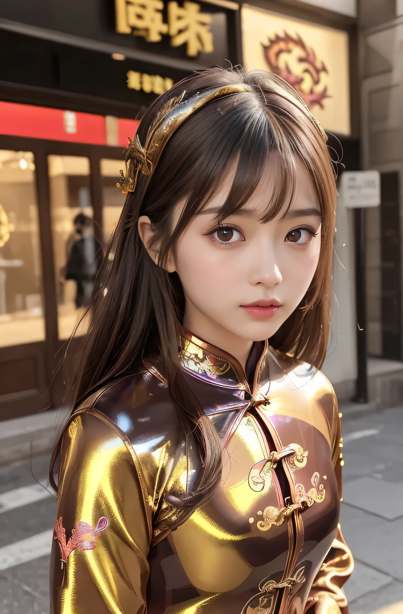 Angelic Very beautiful cute girl,8 yo,
Beautiful detailed eyes,
Detailed double eyelids,
(Large eyes:1.4),
Long straight brown hair,
see-through bangs,
Sharp Focus,small straight nose,
beautiful detailed face and eyes,
drooping eyes,
(Soft Saturation: 1.3), (Fair skin: 1.2),BREAK (Super shiny metallic gorgeous vivid colored latex long sleeves cheongsam:1.3),
Walking,
Brown hair,
(dragon pattern design cheongsam:1.4) , (costume with strong reflective surfaces:1.5),
Costume lighting,
In the street