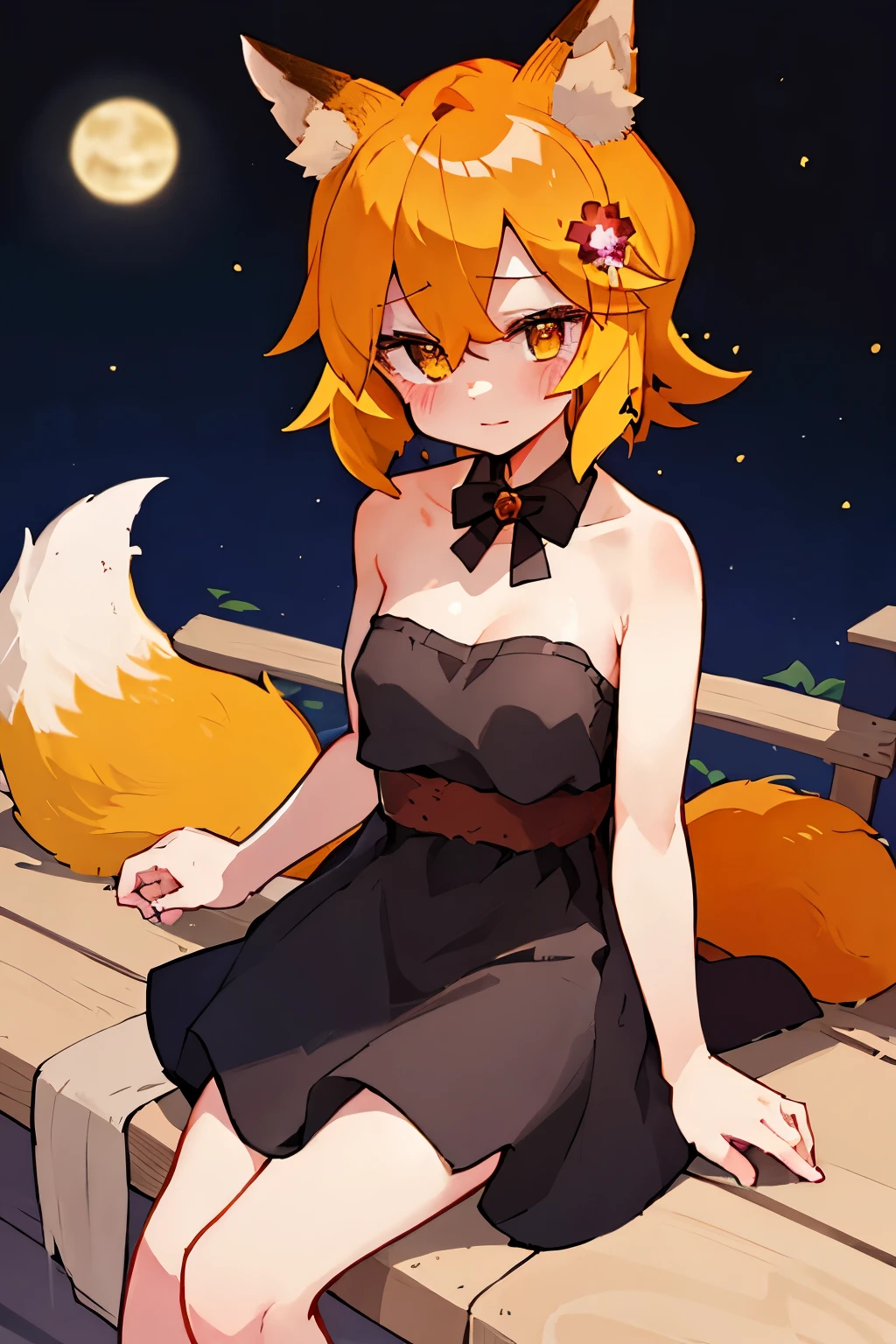 masterpiece, best quality, highly detailed, sen, animal ears, fox ears, fox girl, fox tail, hair flower, hair ornament, orange eyes, orange hair, short hair, tail, blush, looking at viewer, , girl, small breasts, detailed hands, keqing (opulent splendor) (genshin impact), official alternate costume, dress, night, strapless dress, looking at viewer, cleavage, black dress, strapless, bare shoulders, bangs, bow, detached collar, ribbon, double bun, two-tone dress, hair ornament, black bow, hair ribbon, blue dress, bowtie, sitting on bench