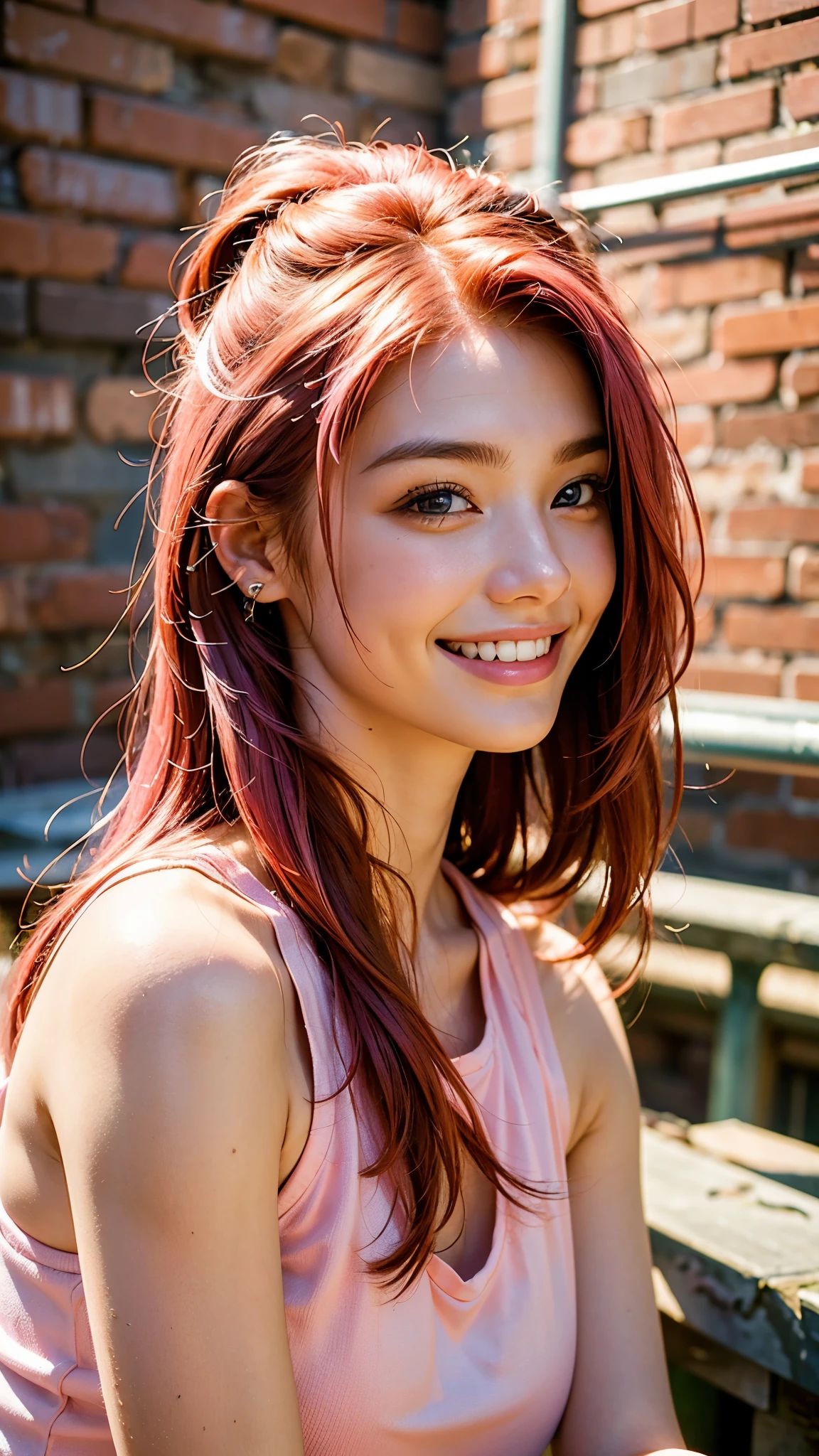 highest quality, masterpiece, Ultra-high resolution, (Realistic:1.6), (Close-up portrait) RAW Photos, 1 girl,23 years old,((Smiling with teeth showing)),((Big smile)),((Red Brick Warehouse)),((Back view)),((Nose Piercing)),,((Passionate pink haired girl'compensate)),((High Fashion)),Messy Hair,((Cap Chestnut)),((Short bangs)),Realistic,Image Media Chest)),