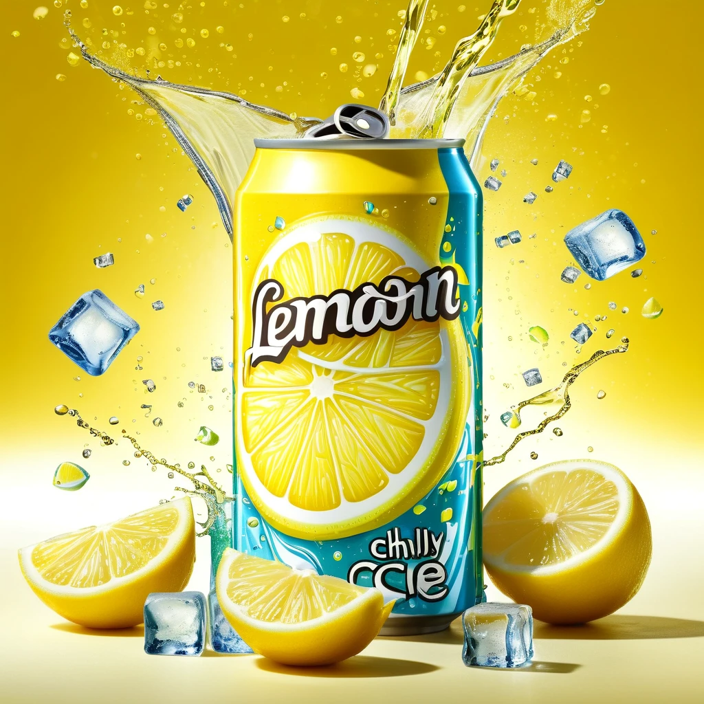 A high-detail, realistic image of a tin can soft drink bottle, themed around lemon flavours. The drink bottle is surrounded by slices of lemon and ice cubes, with wisps of chilly vapor wrapping around the arrangement, personifying the cold freshness of the beverage. Also prominently included is a 3D text saying 'Lemon Fresh'. This vivid scene should conjure the refreshing sensation of a fizzy lemon drink on a warm day. The final image is preferred to have the richness and clarity of a 4K resolution image.