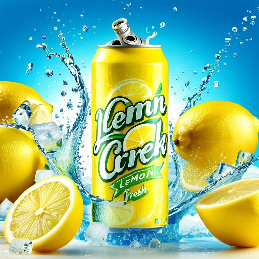 A high-detail, realistic image of a tin can soft drink bottle, themed around lemon flavours. The drink bottle is surrounded by slices of lemon and ice cubes, with wisps of chilly vapor wrapping around the arrangement, personifying the cold freshness of the beverage. Also prominently included is a 3D text saying 'Lemon Fresh'. This vivid scene should conjure the refreshing sensation of a fizzy lemon drink on a warm day. The final image is preferred to have the richness and clarity of a 4K resolution image.