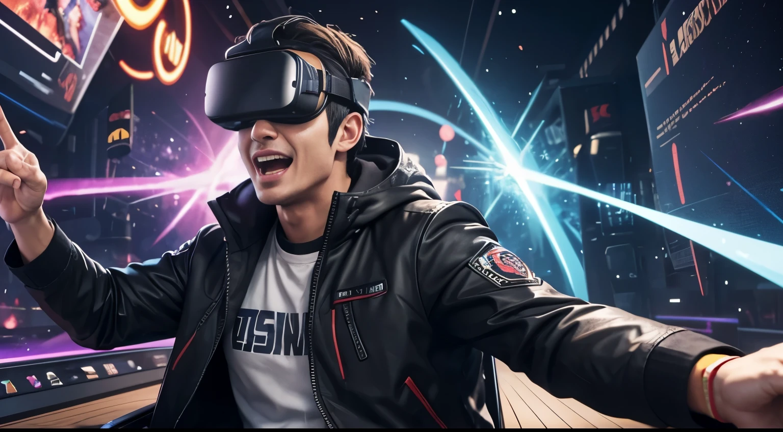 In the animated scene, a lively and enthusiastic man is wearing virtual reality glasses. His face displays an expression of excitement as he interacts with the virtual environment. The scenery around him is full of icons and elements representing various games. There are colorful characters and scenes characteristic of different games floating or emerging around you. These games represent a variety of genres and styles, creating a dynamic and lively environment. The man, immersed in this universe, seems involved in a journey of entertainment and adventure provided by the virtual games around him.