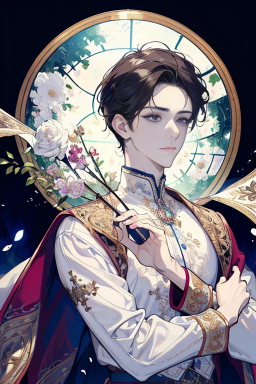 (absurdres, highres, ultra detailed), 1 male, handsome, detailed eyes, detailed face, wavy brown hair, short hair, solo, tall, full body, white clothes, ornate clothes, upper body, magic effect, detailed background, detailed face, cathedral, stained glass, flower petals divine aura, hands folded in prayer
