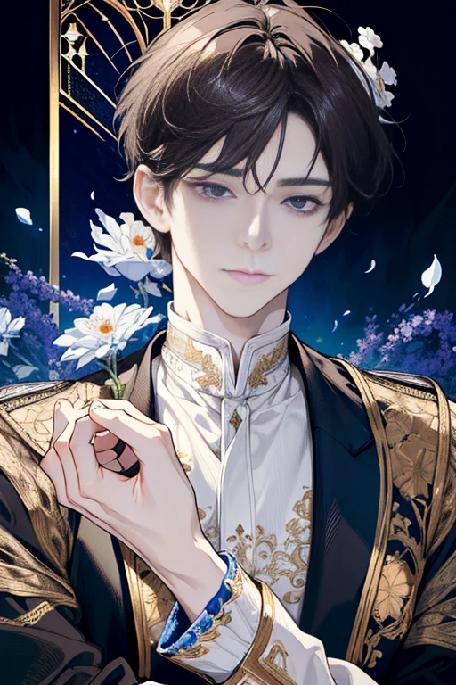 (absurdres, highres, ultra detailed), 1 male, handsome, detailed eyes, detailed face, wavy brown hair, short hair, solo, tall, full body, white clothes, ornate clothes, upper body, magic effect, detailed background, detailed face, cathedral, stained glass, flower petals divine aura, hands folded in prayer