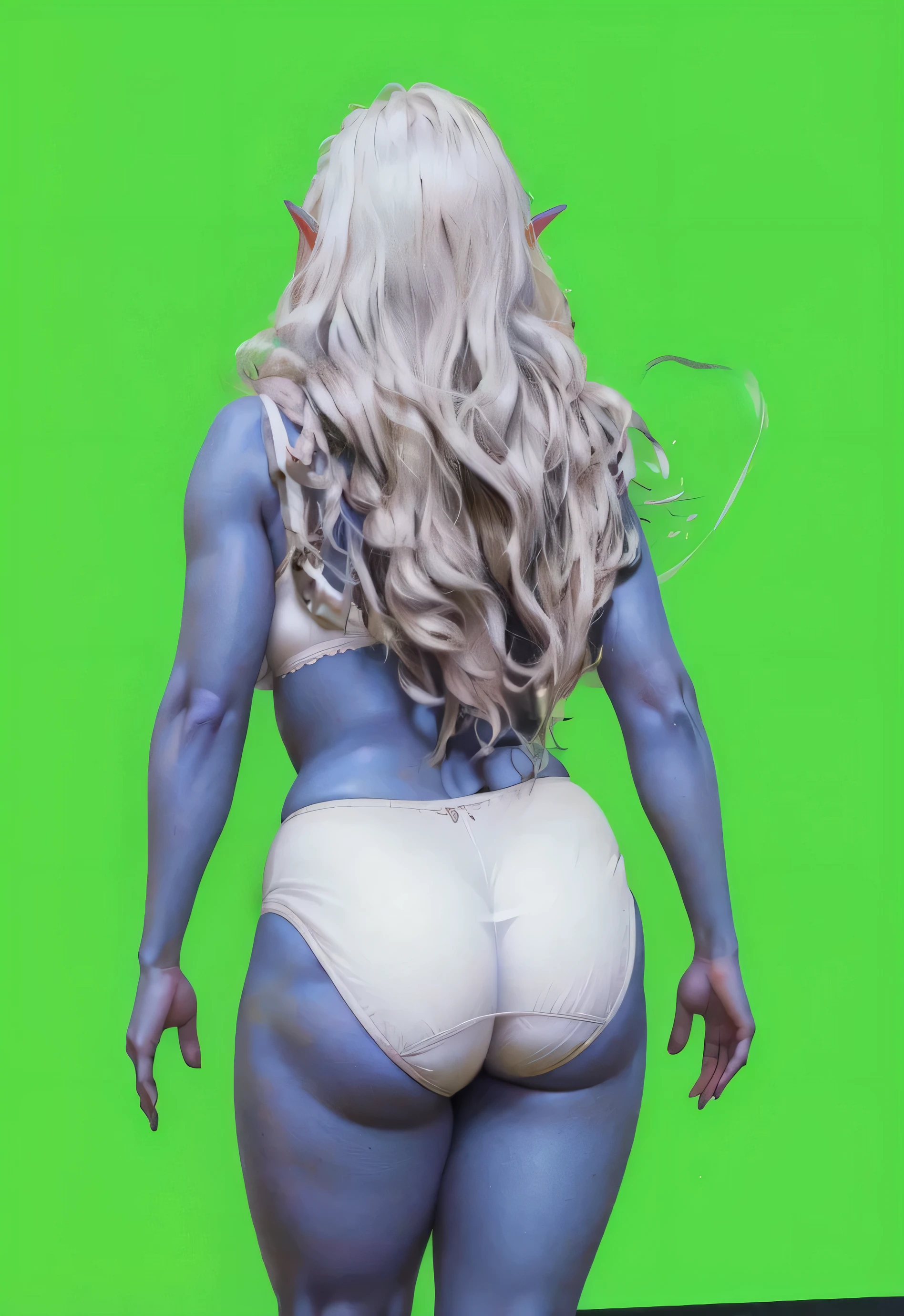 ((masterpiece, best quality)), ((((perfect anatomy)))), ((35 year old)), (((Curvy))), ((Dark Elven woman with long white hair)), in ((white cotton panties)), ((white bra)), (((Large buttocks))), standing in front of a green screen, ((((realistic art style, 50's pinup art))))