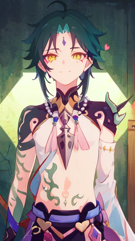 1 boy,dark green hair,highest quality,masterpiece,excessive,male focus,yellow eyes,beautiful eyes,beautiful boy,Crisp eyes,hypnotism,Hollow Eyes,brainwashing,Fearless smile,Lewd mark,A lewd mark on the stomach,Lewd mark = heart mark