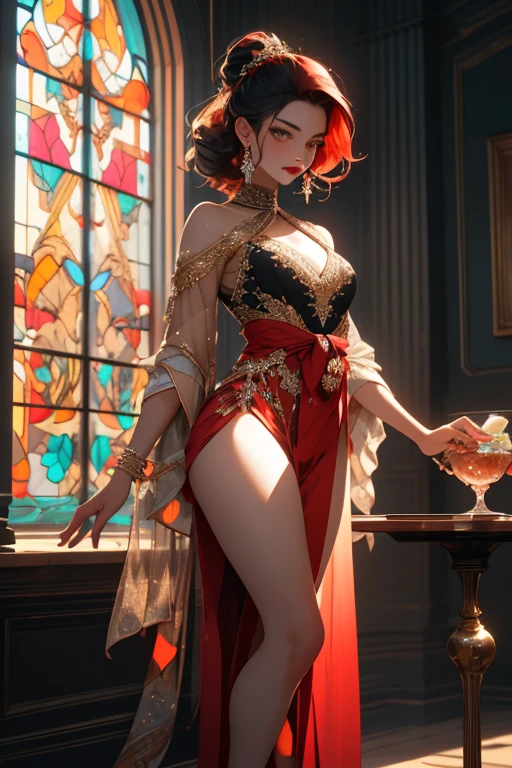 (best quality,4k,highres,masterpiece:1.2),ultra-detailed,(realistic,photorealistic:1.37), A girl with nine long, flowing tails reminiscent of a fox stands in the center of an opulently embellished room. Her tawny fur glistens under the sunlight that filters through the stained glass windows, casting a warm glow on her flawless porcelain skin. The woman possesses an alluring aura, a seductive charm that captivates anyone who gazes upon her. Her eyes, a mesmerizing shade of amber, hold an enigmatic allure, drawing you into the depths of her mysterious soul. Her curved lashes frame her expressive gaze, fluttering ever so slightly with a hint of playfulness. As she stands there, a coy smile plays upon her ruby red lips, revealing a hint of her voracious appetite. Her slender figure is adorned with an elegant crimson wrap, cinching at her waist and cascading down to her delicate feet, exuding an air of both sensuality and sophistication. Her every movement is filled with an undeniable grace, as if she dances to a melody only she can hear. The room itself bears witness to her presence, a testament to her ability to transform any space into her own. The walls are adorned with intricate tapestries depicting mythical creatures and enchanted landscapes, vibrant colors weaving together to create a breathtaking backdrop. The scent of exotic spices permeates the air, a tantalizing invitation for indulgence. In the corner, a small table displays an array of delectable treats, each more tempting than the last. Fruits and pastries tempt with their vibrant colors and delicate flavors, enticing anyone who dares to take a bite. Crystal goblets filled with rich, velvety wine stand ready for the taking, their ethereal glow casting an enchanting light across the room. As the sun sets, casting a golden hue through the windows, the woman's tails sway gently, as if in sync with the rhythm of the fading daylight. Her eyes meet yours for a brief moment, filled with a hunger that cannot be