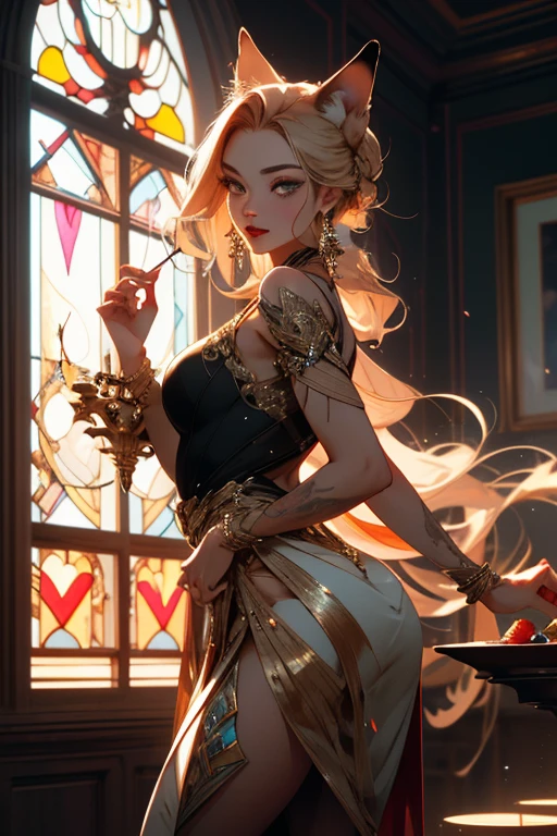 (best quality,4k,highres,masterpiece:1.2),ultra-detailed,(realistic,photorealistic:1.37), A girl with nine long, flowing tails reminiscent of a fox stands in the center of an opulently embellished room. Her tawny fur glistens under the sunlight that filters through the stained glass windows, casting a warm glow on her flawless porcelain skin. The woman possesses an alluring aura, a seductive charm that captivates anyone who gazes upon her. Her eyes, a mesmerizing shade of amber, hold an enigmatic allure, drawing you into the depths of her mysterious soul. Her curved lashes frame her expressive gaze, fluttering ever so slightly with a hint of playfulness. As she stands there, a coy smile plays upon her ruby red lips, revealing a hint of her voracious appetite. Her slender figure is adorned with an elegant crimson wrap, cinching at her waist and cascading down to her delicate feet, exuding an air of both sensuality and sophistication. Her every movement is filled with an undeniable grace, as if she dances to a melody only she can hear. The room itself bears witness to her presence, a testament to her ability to transform any space into her own. The walls are adorned with intricate tapestries depicting mythical creatures and enchanted landscapes, vibrant colors weaving together to create a breathtaking backdrop. The scent of exotic spices permeates the air, a tantalizing invitation for indulgence. In the corner, a small table displays an array of delectable treats, each more tempting than the last. Fruits and pastries tempt with their vibrant colors and delicate flavors, enticing anyone who dares to take a bite. Crystal goblets filled with rich, velvety wine stand ready for the taking, their ethereal glow casting an enchanting light across the room. As the sun sets, casting a golden hue through the windows, the woman's tails sway gently, as if in sync with the rhythm of the fading daylight. Her eyes meet yours for a brief moment, filled with a hunger that cannot be