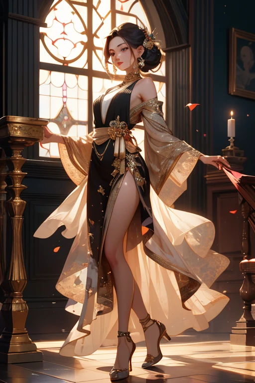 (best quality,4k,highres,masterpiece:1.2),ultra-detailed,(realistic,photorealistic:1.37), A girl with nine long, flowing tails reminiscent of a fox stands in the center of an opulently embellished room. Her tawny fur glistens under the sunlight that filters through the stained glass windows, casting a warm glow on her flawless porcelain skin. The woman possesses an alluring aura, a seductive charm that captivates anyone who gazes upon her. Her eyes, a mesmerizing shade of amber, hold an enigmatic allure, drawing you into the depths of her mysterious soul. Her curved lashes frame her expressive gaze, fluttering ever so slightly with a hint of playfulness. As she stands there, a coy smile plays upon her ruby red lips, revealing a hint of her voracious appetite. Her slender figure is adorned with an elegant crimson wrap, cinching at her waist and cascading down to her delicate feet, exuding an air of both sensuality and sophistication. Her every movement is filled with an undeniable grace, as if she dances to a melody only she can hear. The room itself bears witness to her presence, a testament to her ability to transform any space into her own. The walls are adorned with intricate tapestries depicting mythical creatures and enchanted landscapes, vibrant colors weaving together to create a breathtaking backdrop. The scent of exotic spices permeates the air, a tantalizing invitation for indulgence. In the corner, a small table displays an array of delectable treats, each more tempting than the last. Fruits and pastries tempt with their vibrant colors and delicate flavors, enticing anyone who dares to take a bite. Crystal goblets filled with rich, velvety wine stand ready for the taking, their ethereal glow casting an enchanting light across the room. As the sun sets, casting a golden hue through the windows, the woman's tails sway gently, as if in sync with the rhythm of the fading daylight. Her eyes meet yours for a brief moment, filled with a hunger that cannot be