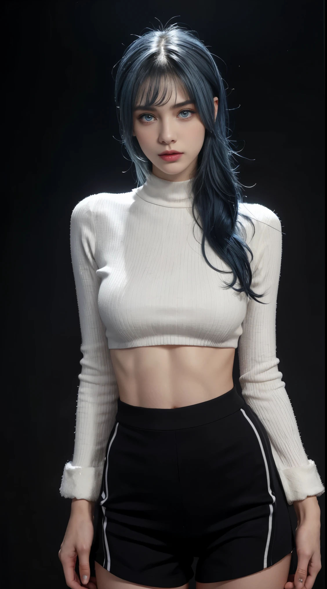 (8K, Top quality, Intricate details, Ultra detail, 超高分辨率, Masterpiece), full bodyesbian, 1girll, Solo, 1 girl, ((Random angles)), ((Small beauty hard )),, ((Tall girl, Skinny, Slim, Tall and lean)), (((fit body))), (((Slim face))), sharpy face, Sharp eyes, (((skyblue hair, Long hair, bangs)) Small lips, Long hair, ((Sexy samurai, mitts, short skirt, Holding a katana)), Detailed face, detailed breast, Beautiful girl with accentuated slender abs: 1.4, sixpack abs: 1.4, Bust Botox, Big, Perfect body, Detail legs, Background: Simple gray wall,Deep Shadows,