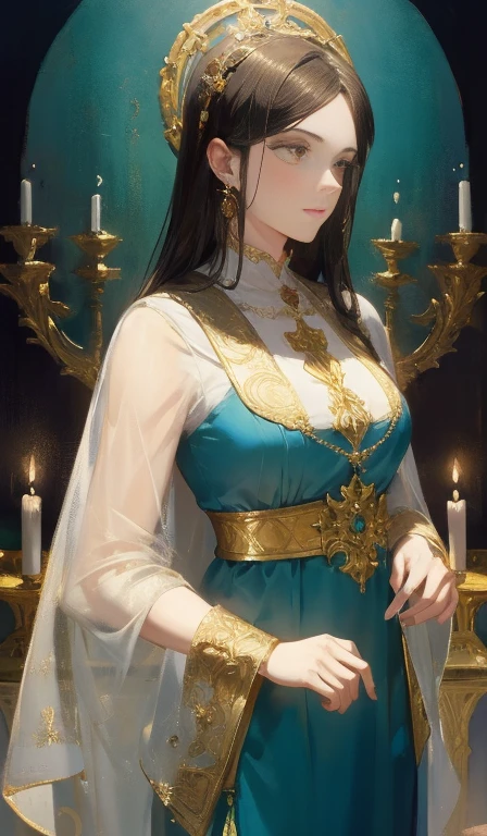Fantasia, 19th-century, empress, mulher, rosto delicado, cabelo loiro claro, olhos azuis, em um vestido real branco com ombros abertos, gold patterns on fabric, Joias de cristal, com uma fita escarlate no ombro com os trajes do monarca, Gothic castle made of white stone in the background, luz, dia, High definition