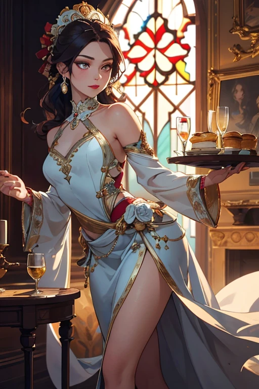 (best quality,4k,highres,masterpiece:1.2),ultra-detailed,(realistic,photorealistic:1.37), A girl with nine long, flowing tails reminiscent of a fox stands in the center of an opulently embellished room. Her tawny fur glistens under the sunlight that filters through the stained glass windows, casting a warm glow on her flawless porcelain skin. The woman possesses an alluring aura, a seductive charm that captivates anyone who gazes upon her. Her eyes, a mesmerizing shade of amber, hold an enigmatic allure, drawing you into the depths of her mysterious soul. Her curved lashes frame her expressive gaze, fluttering ever so slightly with a hint of playfulness. As she stands there, a coy smile plays upon her ruby red lips, revealing a hint of her voracious appetite. Her slender figure is adorned with an elegant crimson wrap, cinching at her waist and cascading down to her delicate feet, exuding an air of both sensuality and sophistication. Her every movement is filled with an undeniable grace, as if she dances to a melody only she can hear. The room itself bears witness to her presence, a testament to her ability to transform any space into her own. The walls are adorned with intricate tapestries depicting mythical creatures and enchanted landscapes, vibrant colors weaving together to create a breathtaking backdrop. The scent of exotic spices permeates the air, a tantalizing invitation for indulgence. In the corner, a small table displays an array of delectable treats, each more tempting than the last. Fruits and pastries tempt with their vibrant colors and delicate flavors, enticing anyone who dares to take a bite. Crystal goblets filled with rich, velvety wine stand ready for the taking, their ethereal glow casting an enchanting light across the room. As the sun sets, casting a golden hue through the windows, the woman's tails sway gently, as if in sync with the rhythm of the fading daylight. Her eyes meet yours for a brief moment, filled with a hunger that cannot be